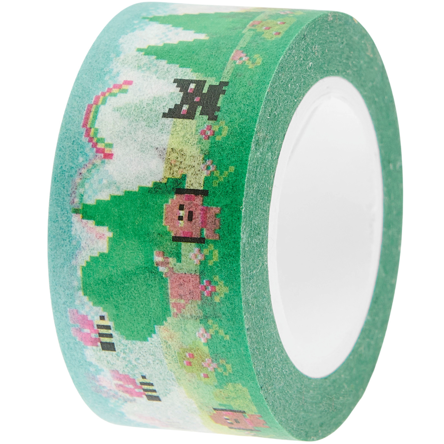 Paper Poetry Tape Landscape grün mit pixeligen Landschaftsmotiven, 2cm x 10m, ideal für kreative Projekte.