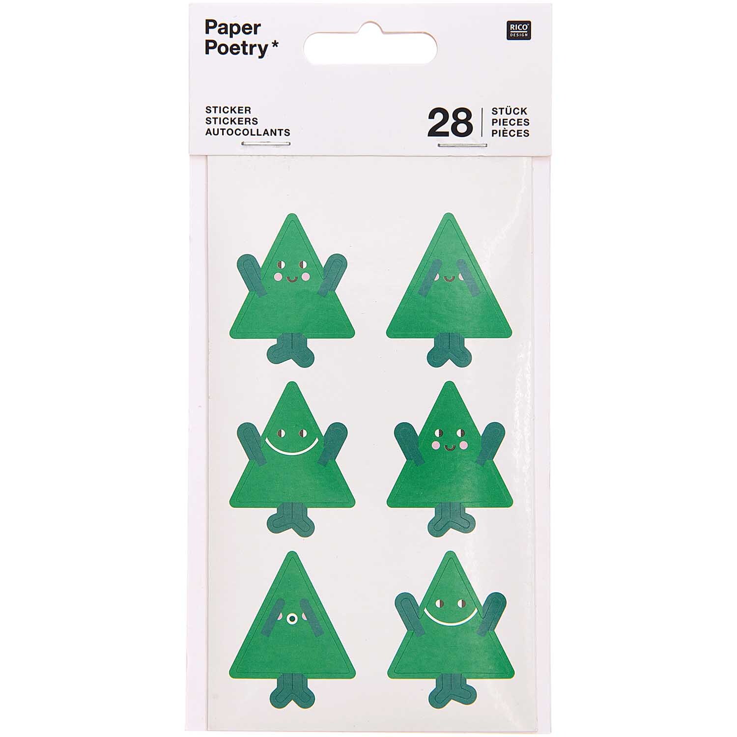 Paper Poetry Sticker Tannenbäume, 28 grüne Baumsticker mit fröhlichen Gesichtern von Rico Design.