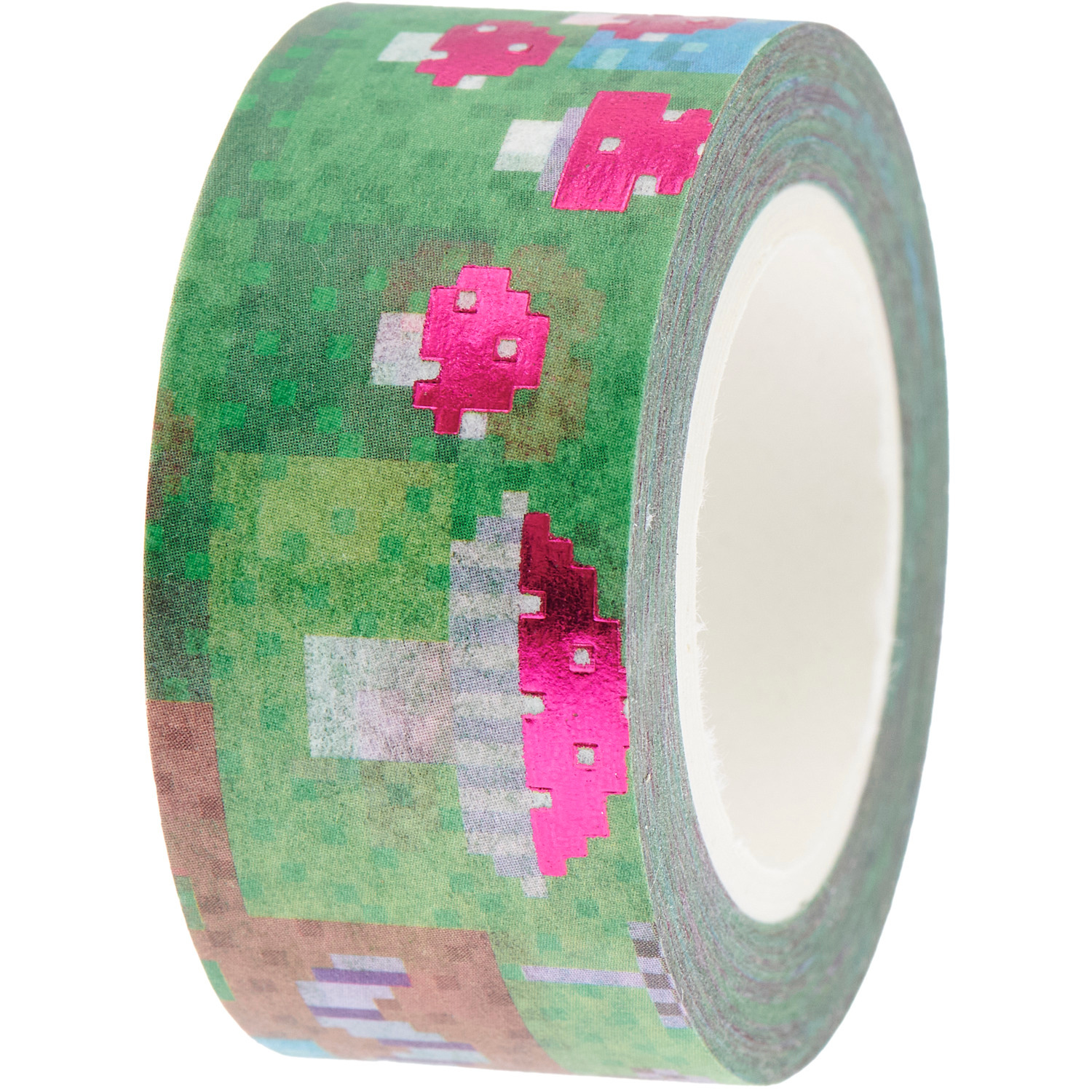 Paper Poetry Tape Shrooom Games, dekoratives Klebeband mit Pilzmuster in Grün und Pink, 2cm x 10m. Ideal für kreative Bastelprojekte.