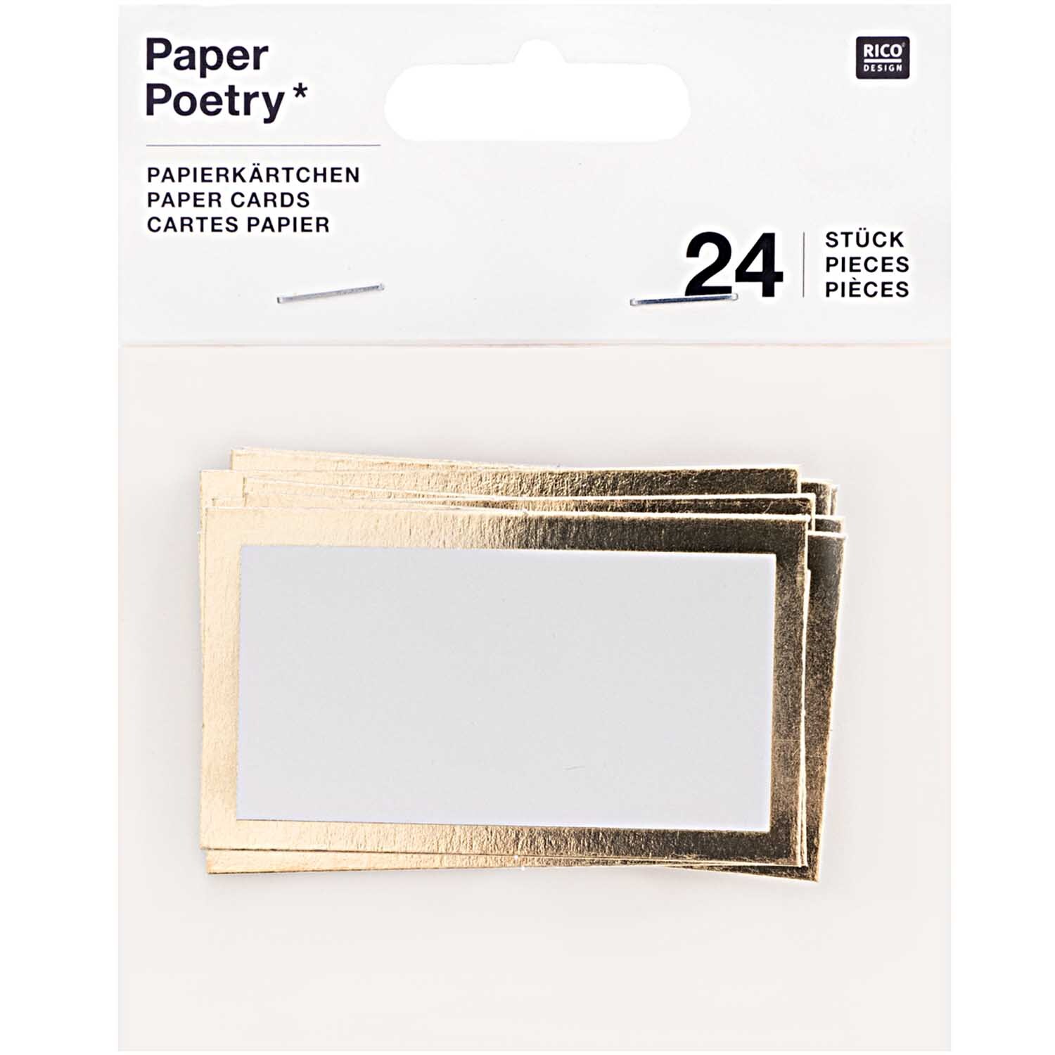 Paper Poetry Papierkärtchen mit Hot Foil, 24 Stück, 7x4cm. Goldene Karten von Rico Design auf weißem Hintergrund.