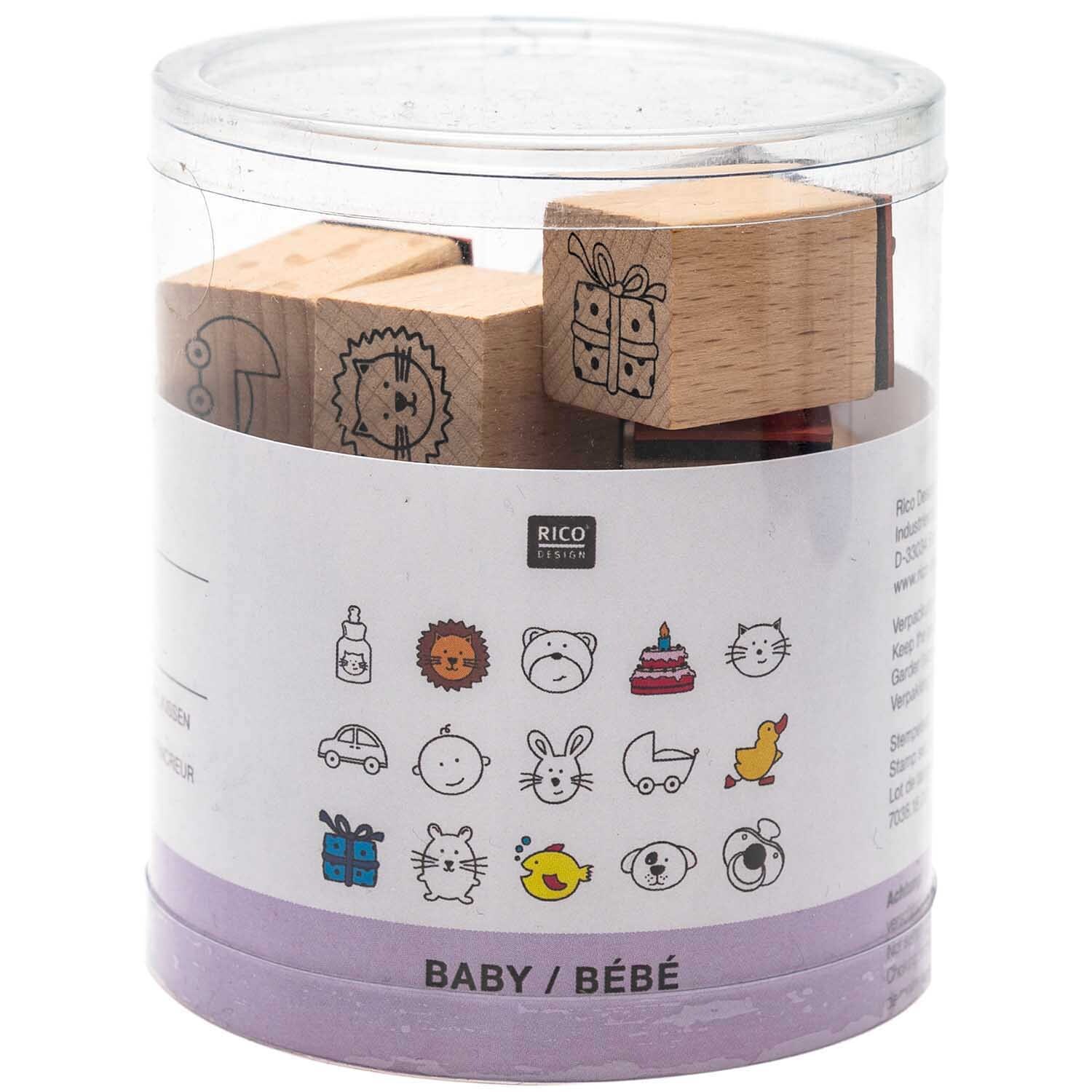 Stempelset Baby 2x2cm, 16-teilig, zeigt niedliche Tier- und Baby-Motive in einer transparenten Box. Ideal für kreative Bastelprojekte.