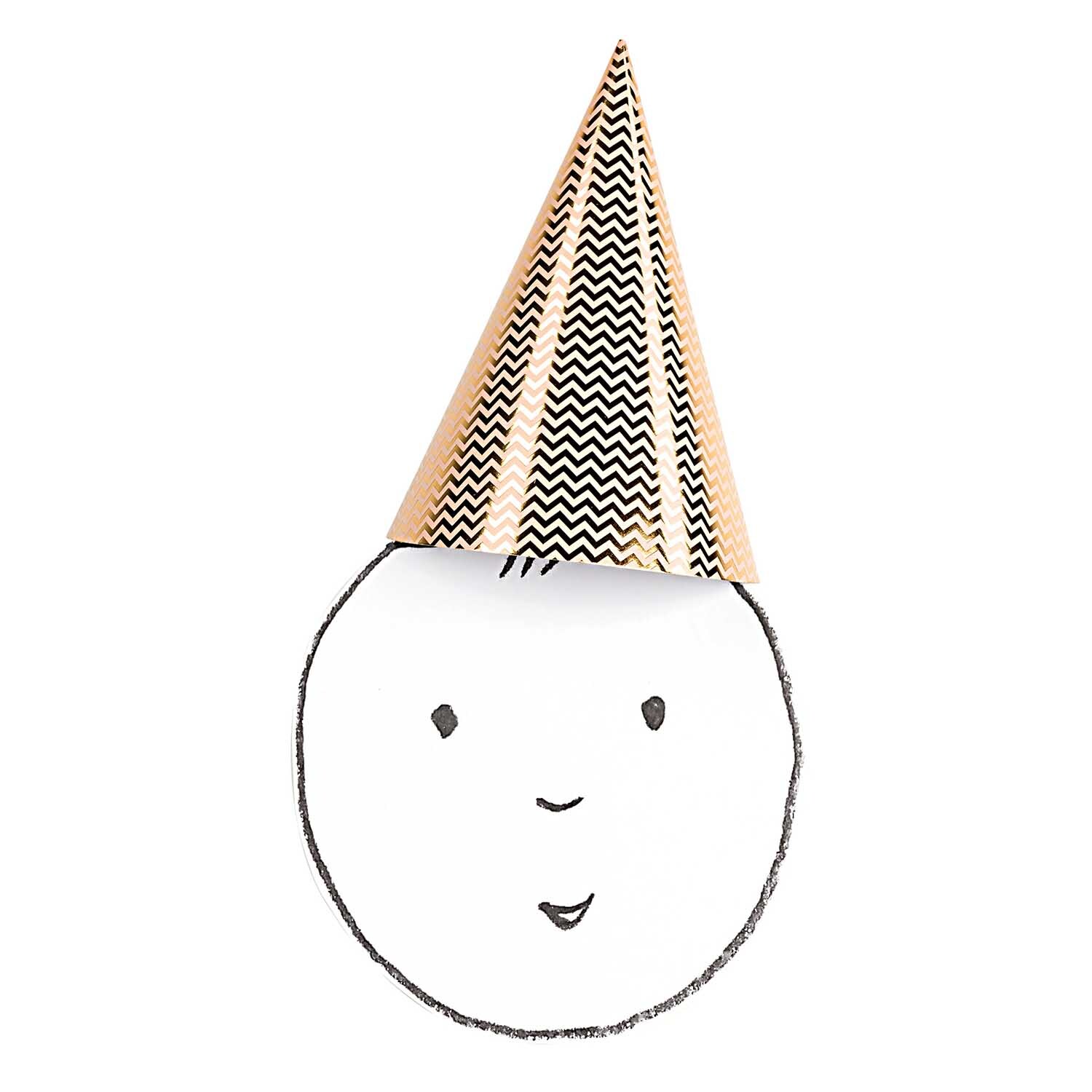 Partyhüte rosa-gold 20cm 8 Stück von Rico Design Partyhüte rosa-gold 20cm 8 Stück von Rico Design: Ein Partyhut mit Zickzackmuster auf einem gezeichneten Gesicht.