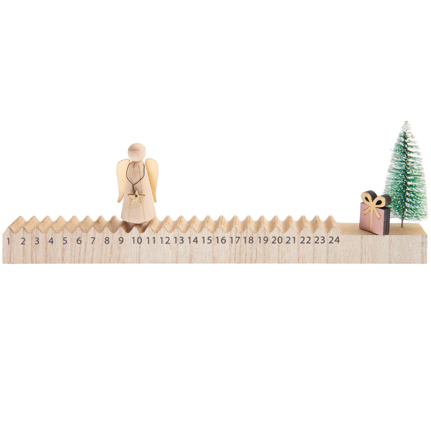 Schiebe-Adventskalender mit Engel: Holzdesign, nummeriert von 1 bis 24, mit Baum und Geschenk.