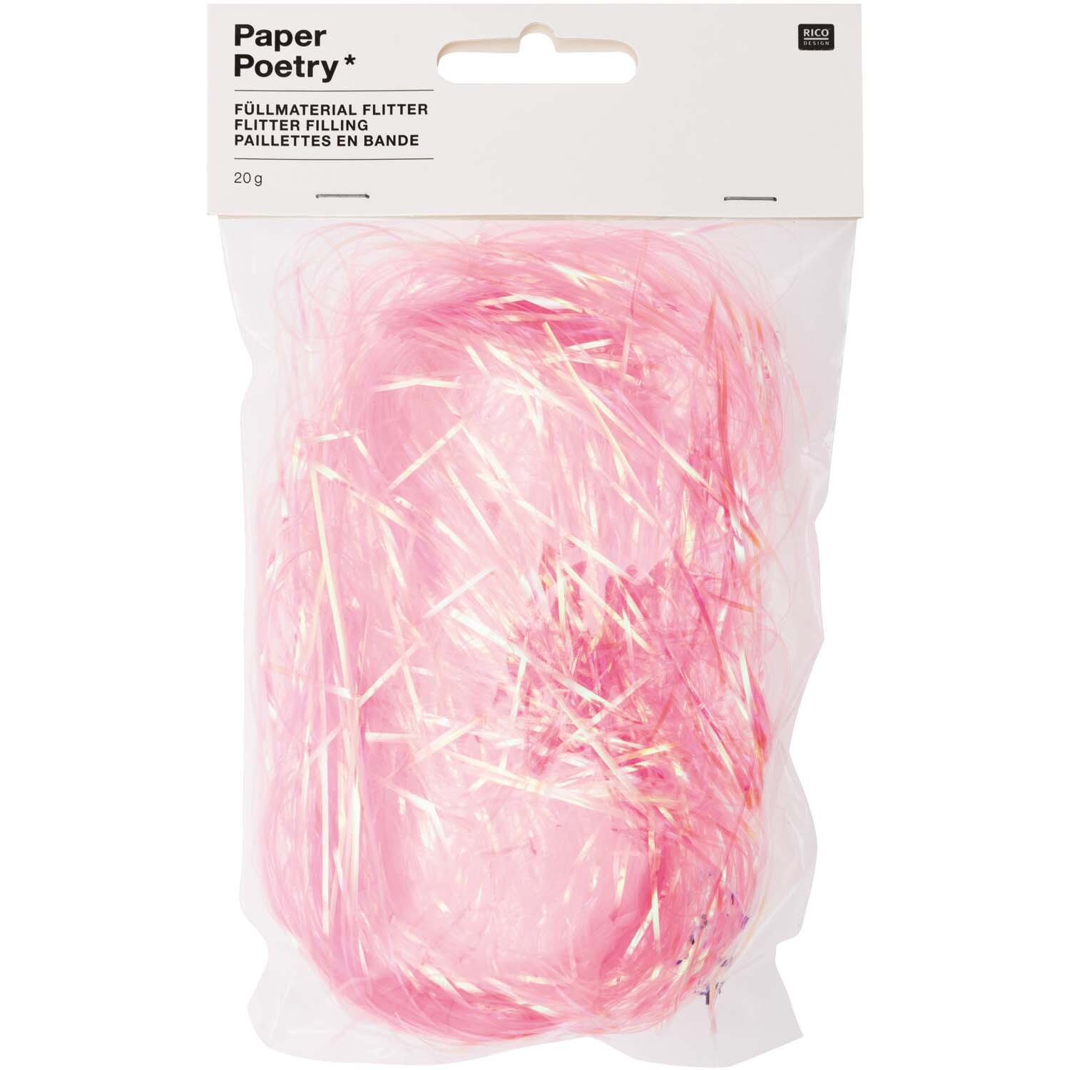 Paper Poetry Füllmaterial Flitter 20g in Rosa von Rico Design, verpackt in einer transparenten Tüte. Ideal für kreative Dekorationen.