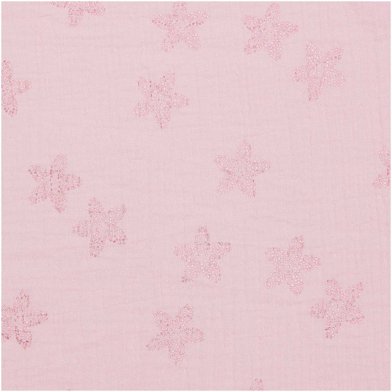 Stoffabschnitt Krinkelmusselin rosa 50x140cm mit Sternenmuster, ideal für kreative Nähprojekte. Marke: Rico Design.