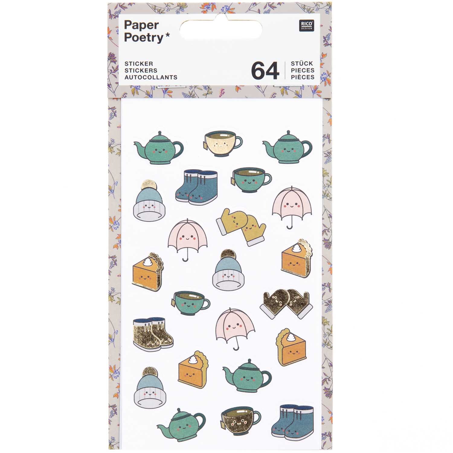 Paper Poetry Sticker Cosy Kawaii 4 Blatt mit niedlichen Motiven wie Teekannen, Tassen und Regenschirmen von Rico Design.