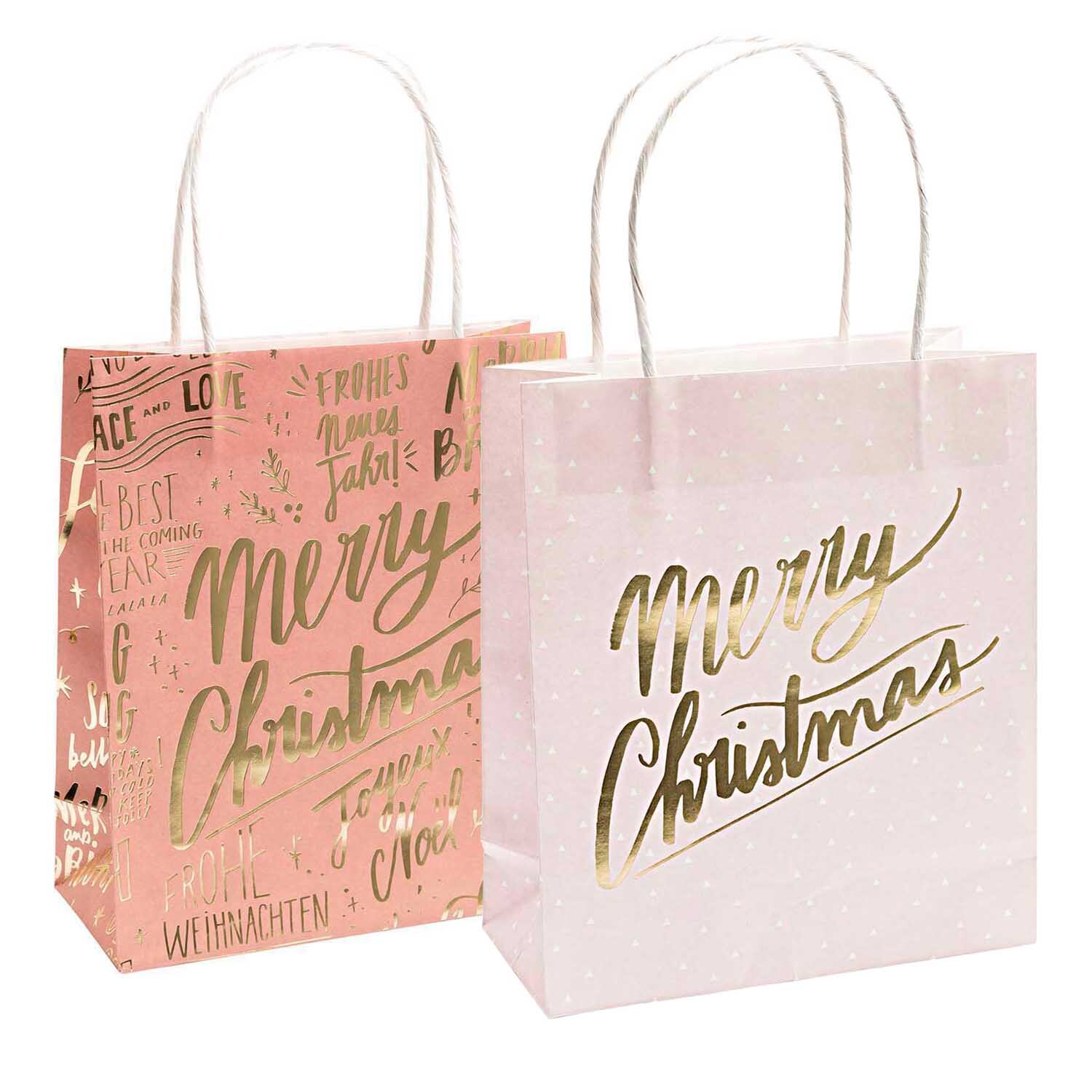 Paper Poetry Papiertüten Merry Christmas, pastellfarbene Geschenktaschen mit goldener Schrift, 18x21cm, 2 Stück, ideal für festliche Anlässe.
