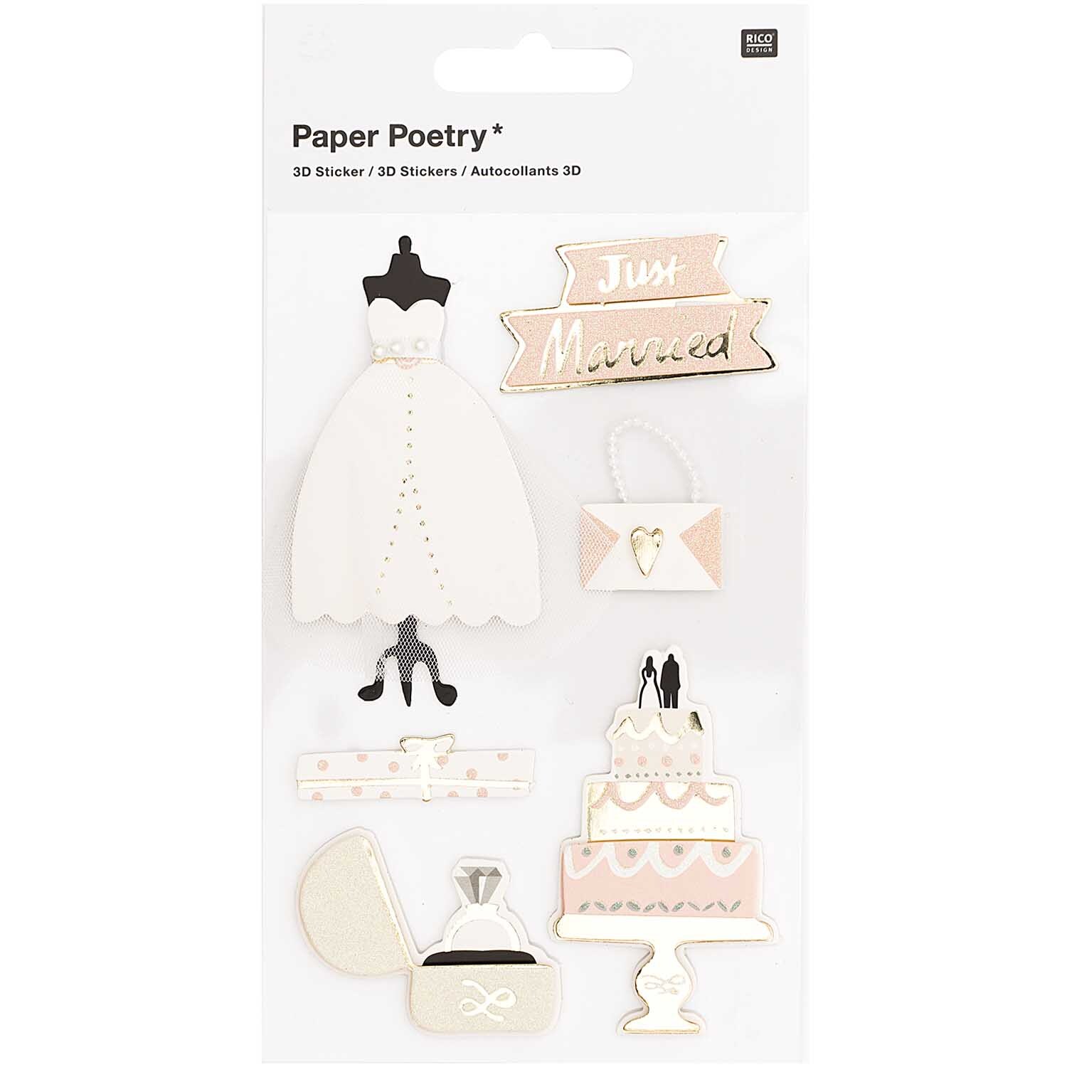 Paper Poetry 3D-Sticker Just Married: Sechs mehrfarbige Sticker mit Hochzeitsthema, darunter ein Brautkleid, eine Torte und ein Geschenk.