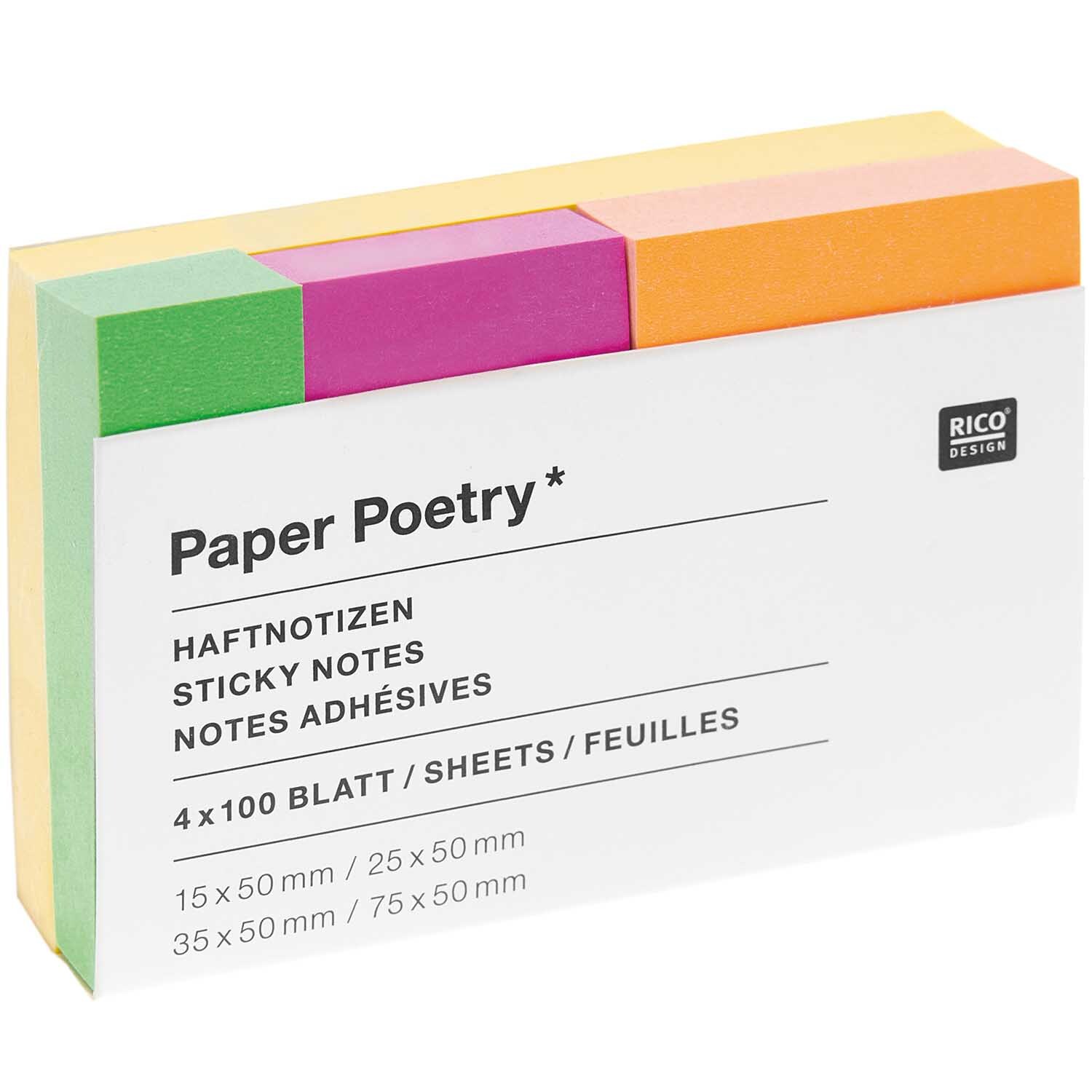 Paper Poetry Haftnotizen Neon Mix 4x100 Blatt von Rico Design in leuchtenden Farben, gestapelt in vier Blöcken. Ideal für Notizen und Organisation.