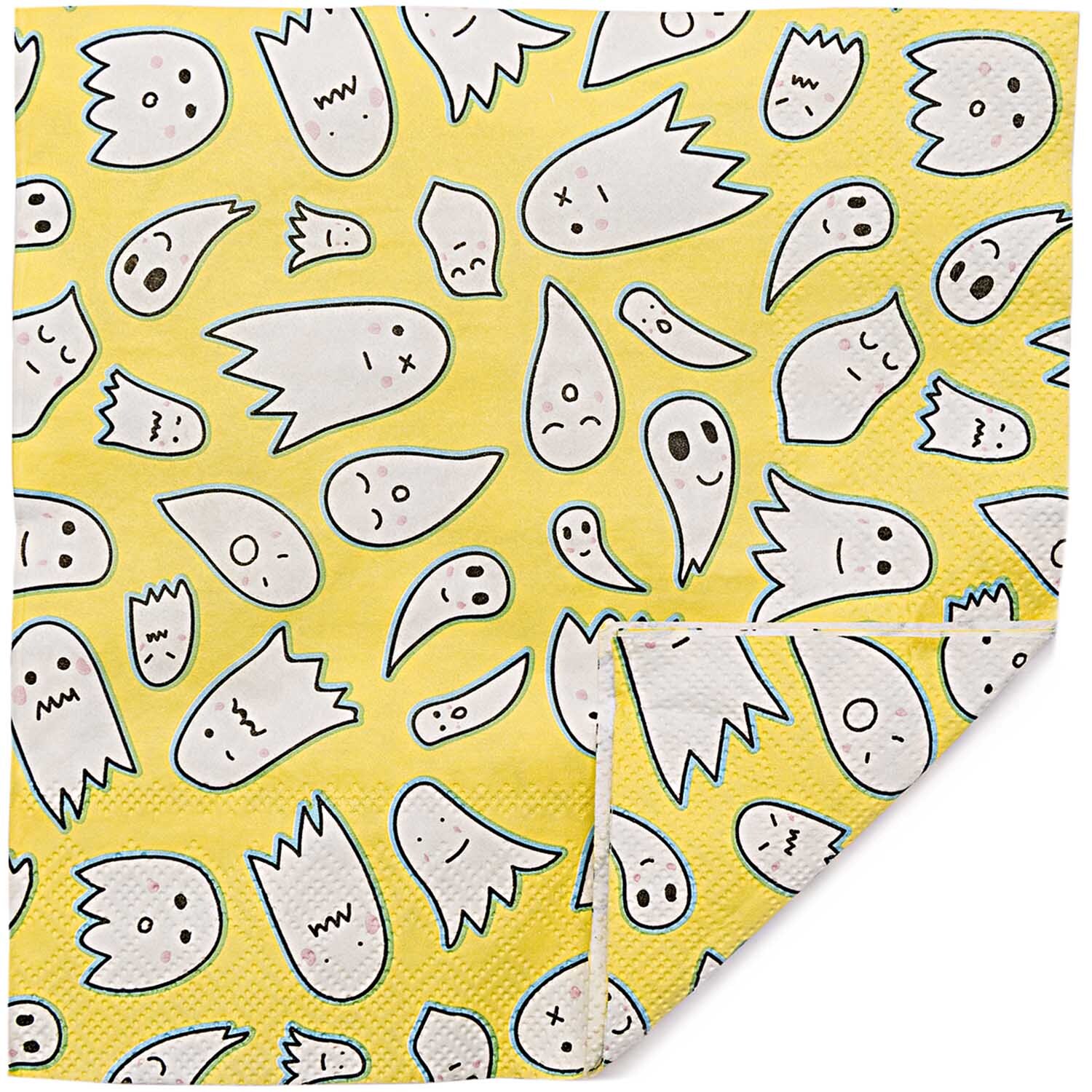 Servietten Gespenster 20 Stück mit lustigen Geistermotiven auf gelbem Hintergrund, ideal für Halloween.