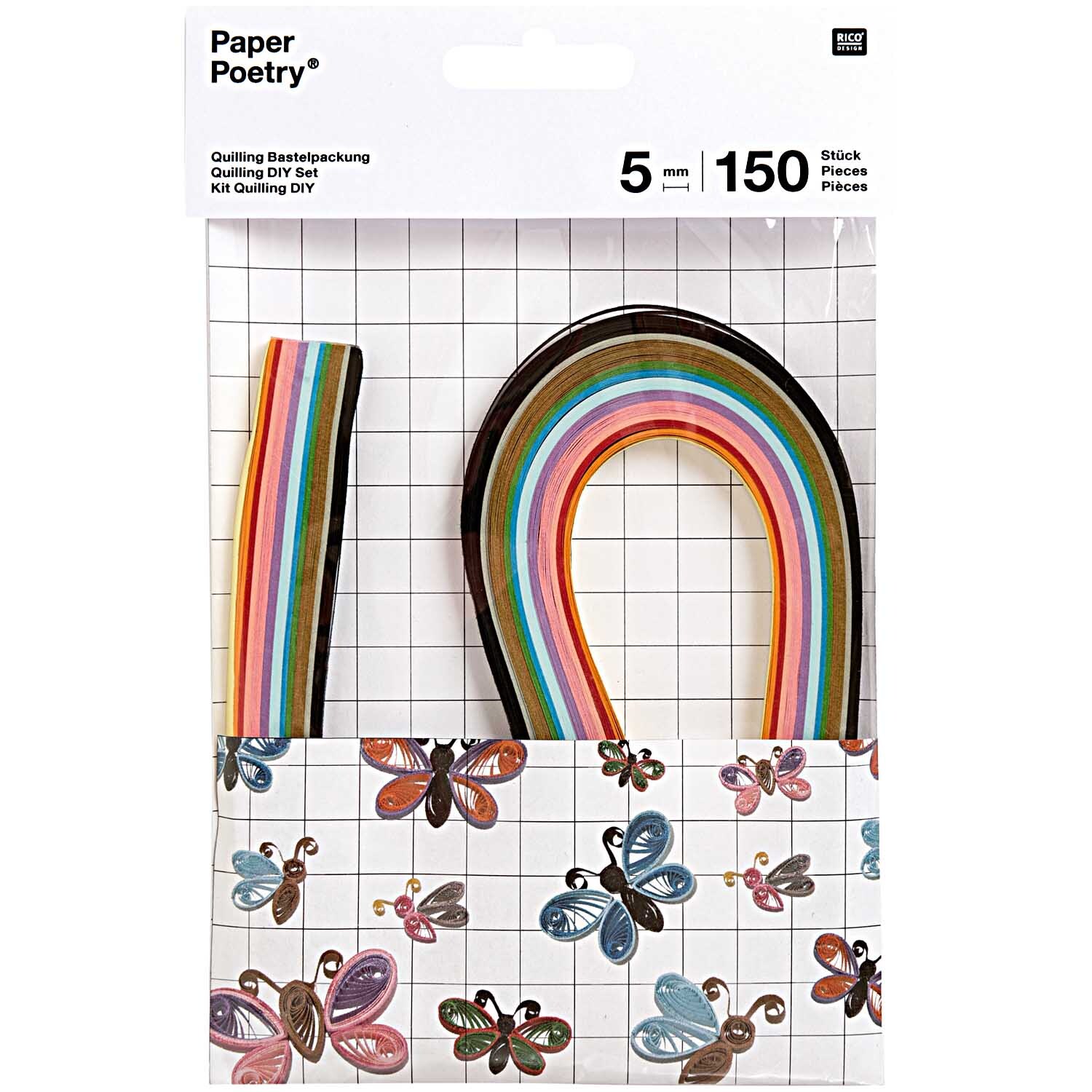 Paper Poetry Quilling Bastelset Schmetterlinge mit 5mm Papierstreifen in bunten Farben, ideal für kreative Bastelprojekte mit Schmetterlingsmotiven.