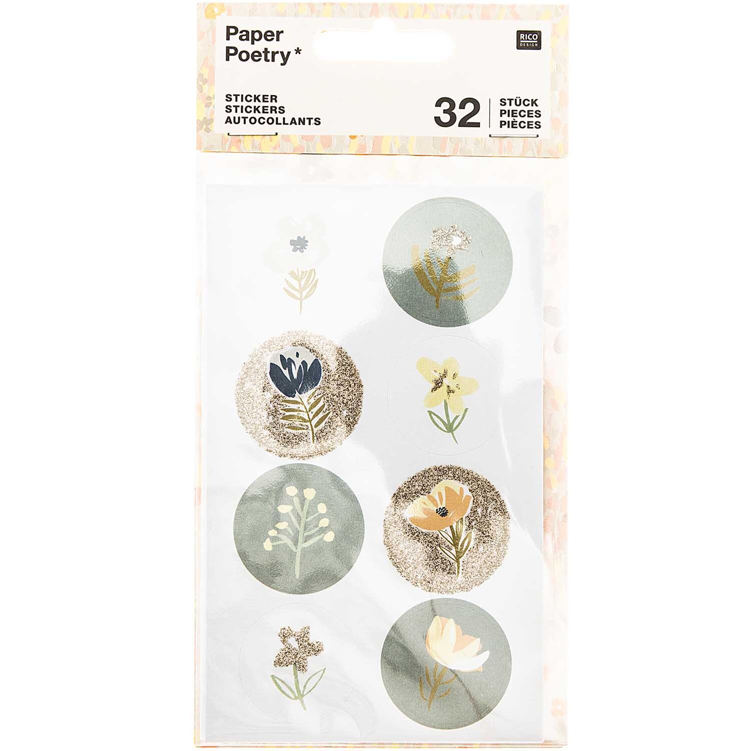 Paper Poetry Sticker Crafted Nature zeigt florale Designs in runden Formen, ideal für kreative Projekte.