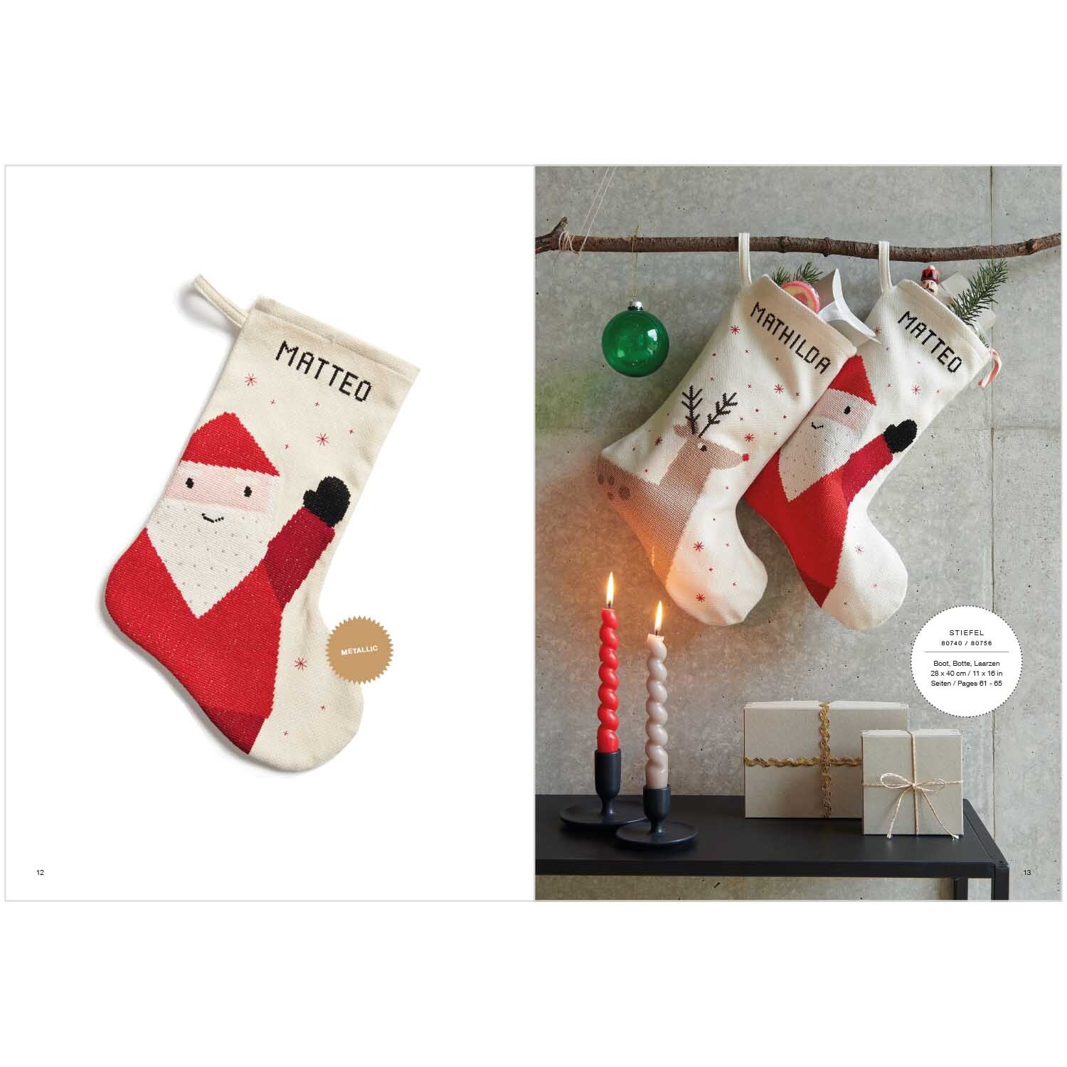 Livret de broderie I love Christmas No. 180 from Rico Design Stickbuch I love Christmas Nr. 180: Weihnachtssocken mit Santa-Motiv und Kerzen, dekorativ aufgehängt. Marke: Rico Design.