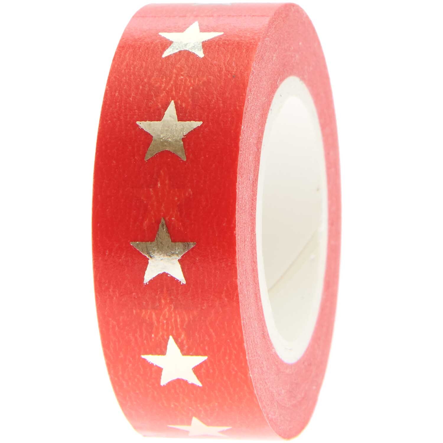 Paper Poetry Tape Sterne rot-gold 1,5cm 10m von Rico Design mit goldenen Sternen auf rotem Hintergrund. Ideal für kreative Projekte.