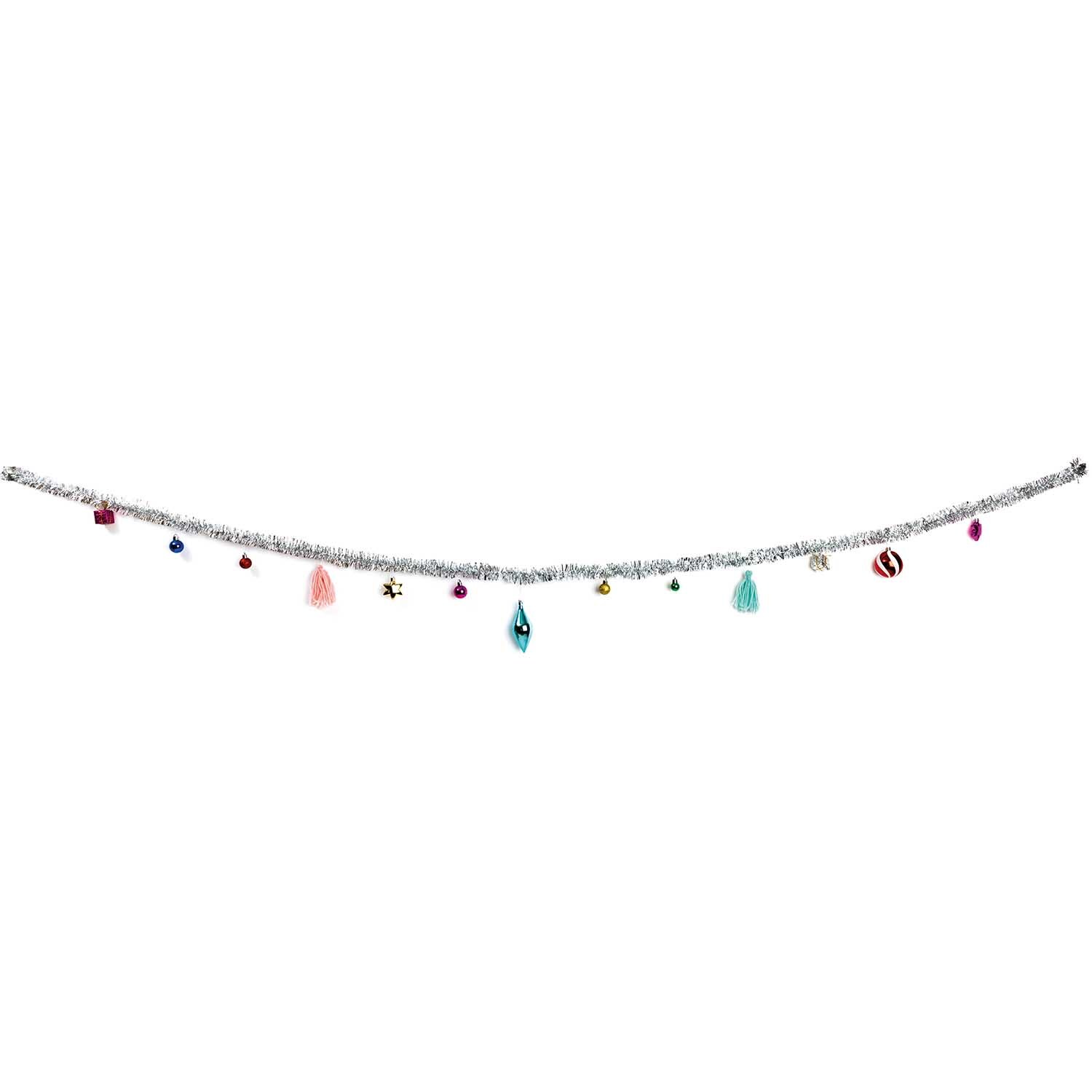 Girlande Lametta mit Dekor 2,5m von Rico Design Girlande Lametta mit Dekor 2,5m von Rico Design, verziert mit bunten Anhängern und Lametta. Ideal für festliche Dekorationen.