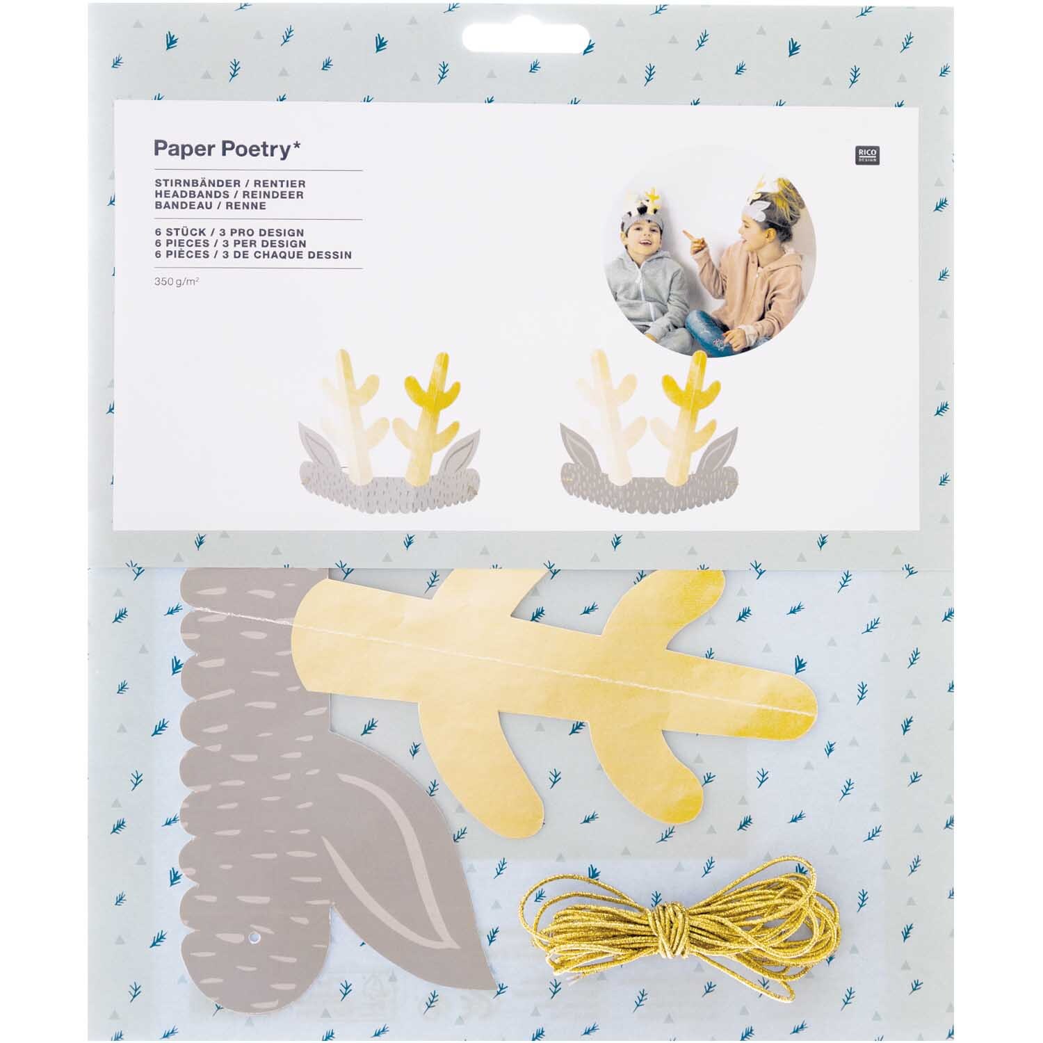Paper Poetry Stirnbänder Rentier 6 Stück: Bastelset mit Rentiergeweihen und Schnüren von Rico Design, ideal für kreative Projekte und festliche Anlässe.
