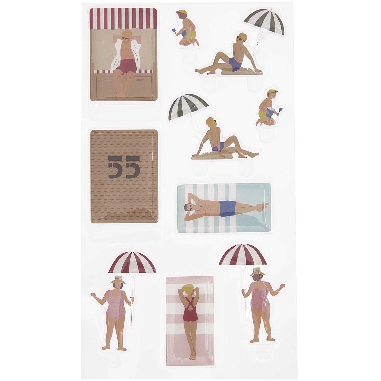Figurico Gelsticker Strand zeigt bunte Strandmotive mit Figuren und Sonnenschirmen. Ideal für kreative Bastelprojekte.