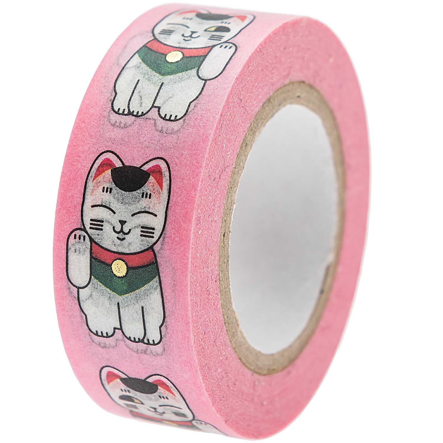Paper Poetry Tape Jardin Japonais mit Winkekatze-Motiv auf rosa Hintergrund, 1,5 cm breit, 10 m lang von Rico Design.