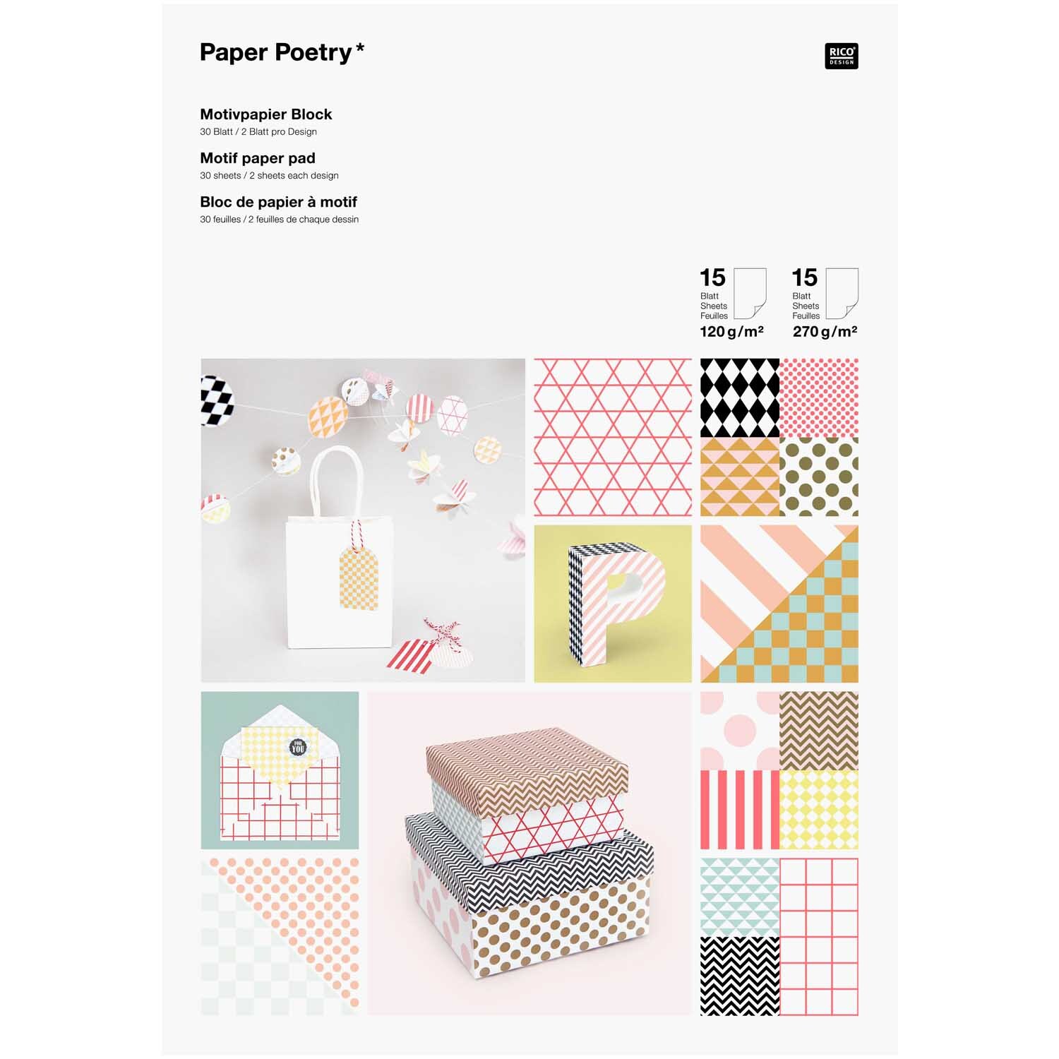 Paper Poetry Motivpapier Block zeigt bunte geometrische Muster auf Geschenkboxen und Dekorationen. Ideal für kreative Bastelprojekte.