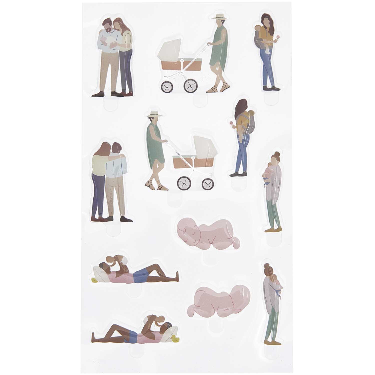 Figurico Gelsticker Hello Baby zeigt diverse Eltern mit Babys und Kinderwagen in sanften Farben.