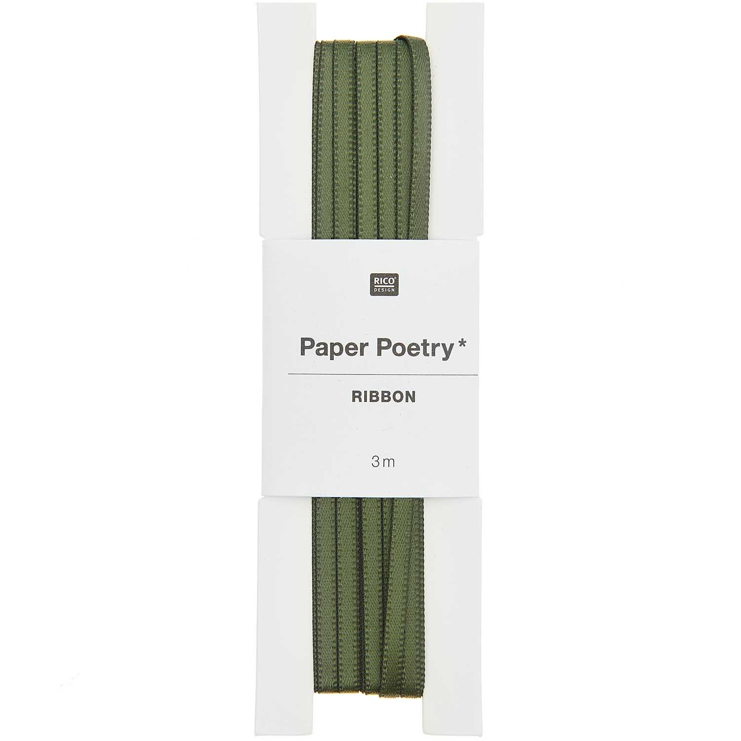 Paper Poetry Satinband in Olivgrün, 3mm breit und 3m lang, von Rico Design, auf weißem Hintergrund.