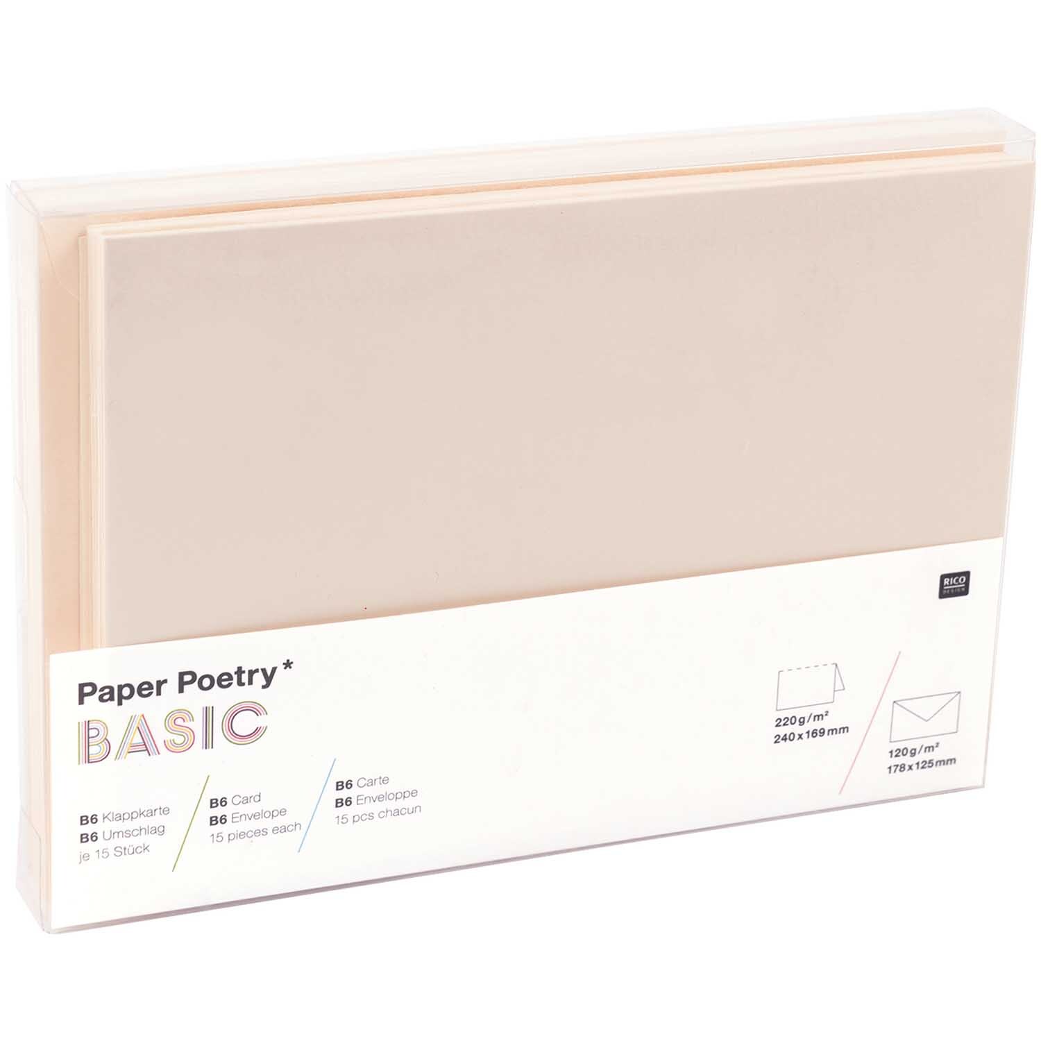 Paper Poetry Kartenset Basic elfenbein B6, 30-teilig, von Rico Design. Zeigt elfenbeinfarbene Karten und Umschläge in einer transparenten Verpackung.
