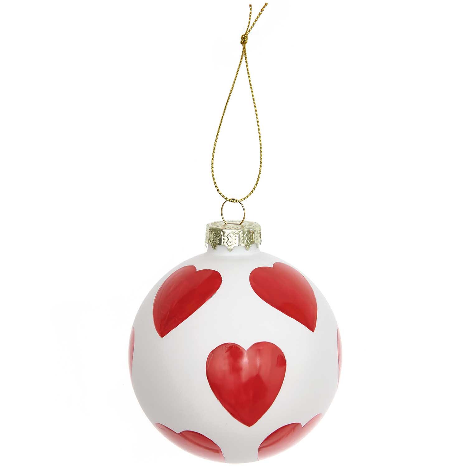Glaskugel Baumschmuck Herz rot Ø 8cm von Rico Design zeigt rote Herzen auf weißem Hintergrund, ideal für festliche Dekorationen.