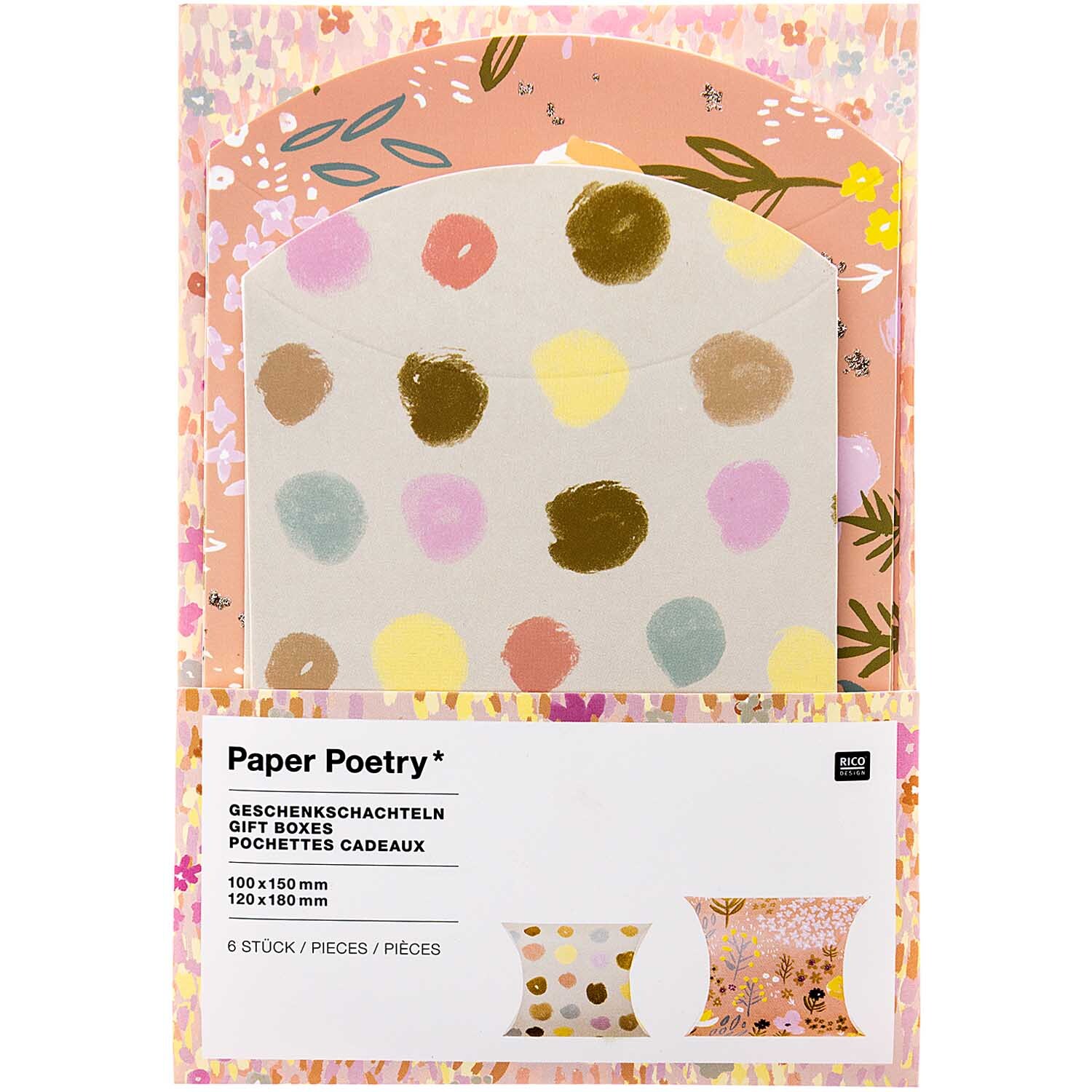 Paper Poetry Geschenkschachteln mit bunten Punkten und floralen Mustern, 6 Stück von Rico Design. Ideal für kreative Geschenkverpackungen.