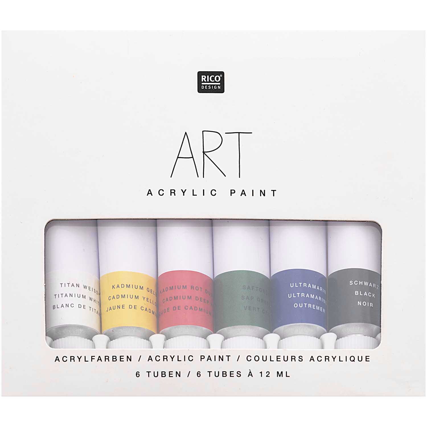 ART Künstler Acrylfarben-Set Basic 6x12ml von Rico Design zeigt sechs bunte Farbtuben in einer weißen Verpackung.