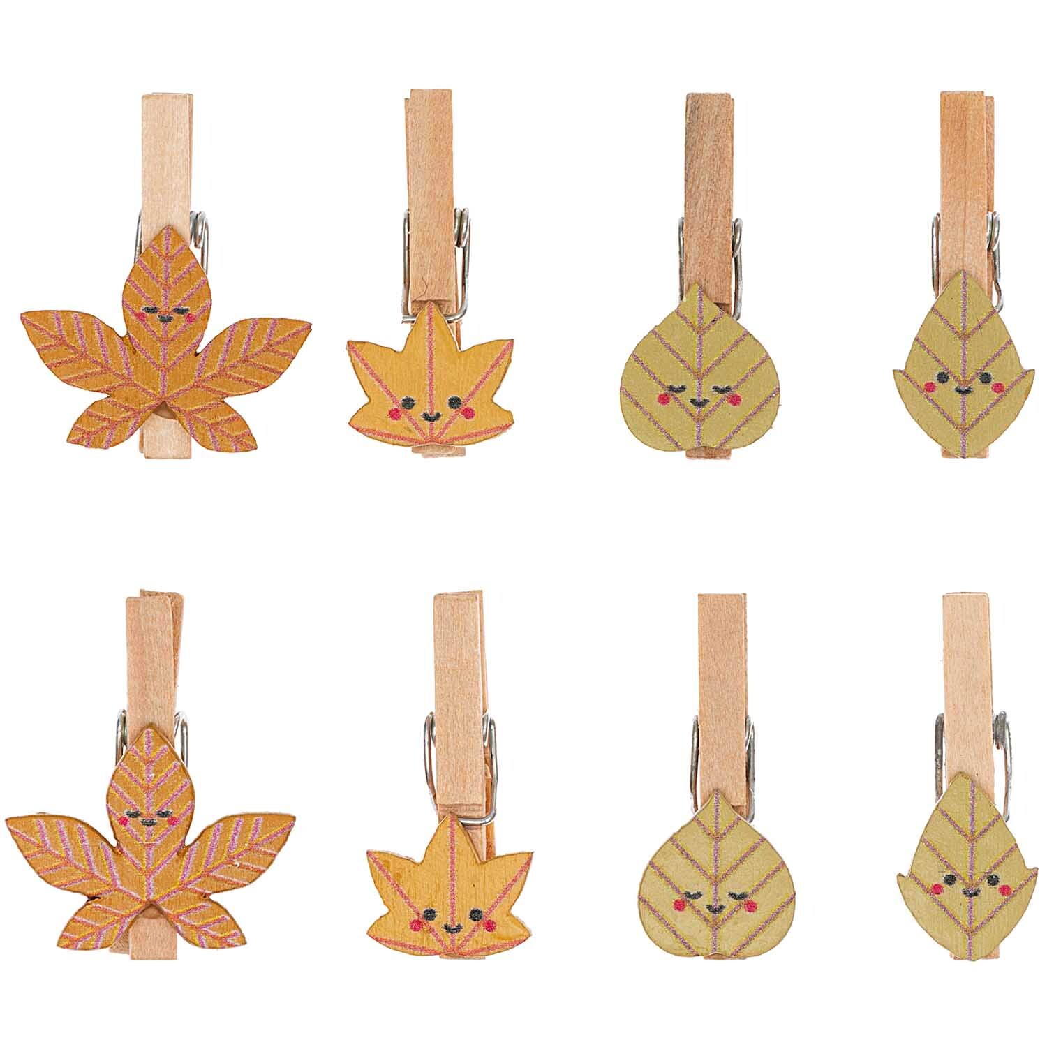 Holzclips Blätter Mix bunt 3cm 8 Stück von Rico Design. Verschiedene Blattmotive auf Holzklammern.