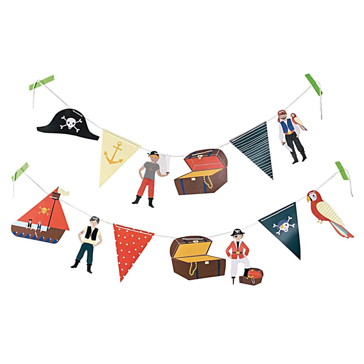 Paper Poetry Girlande Piraten 3m zeigt bunte Piratenmotive mit Schatztruhen und Papageien von Rico Design.