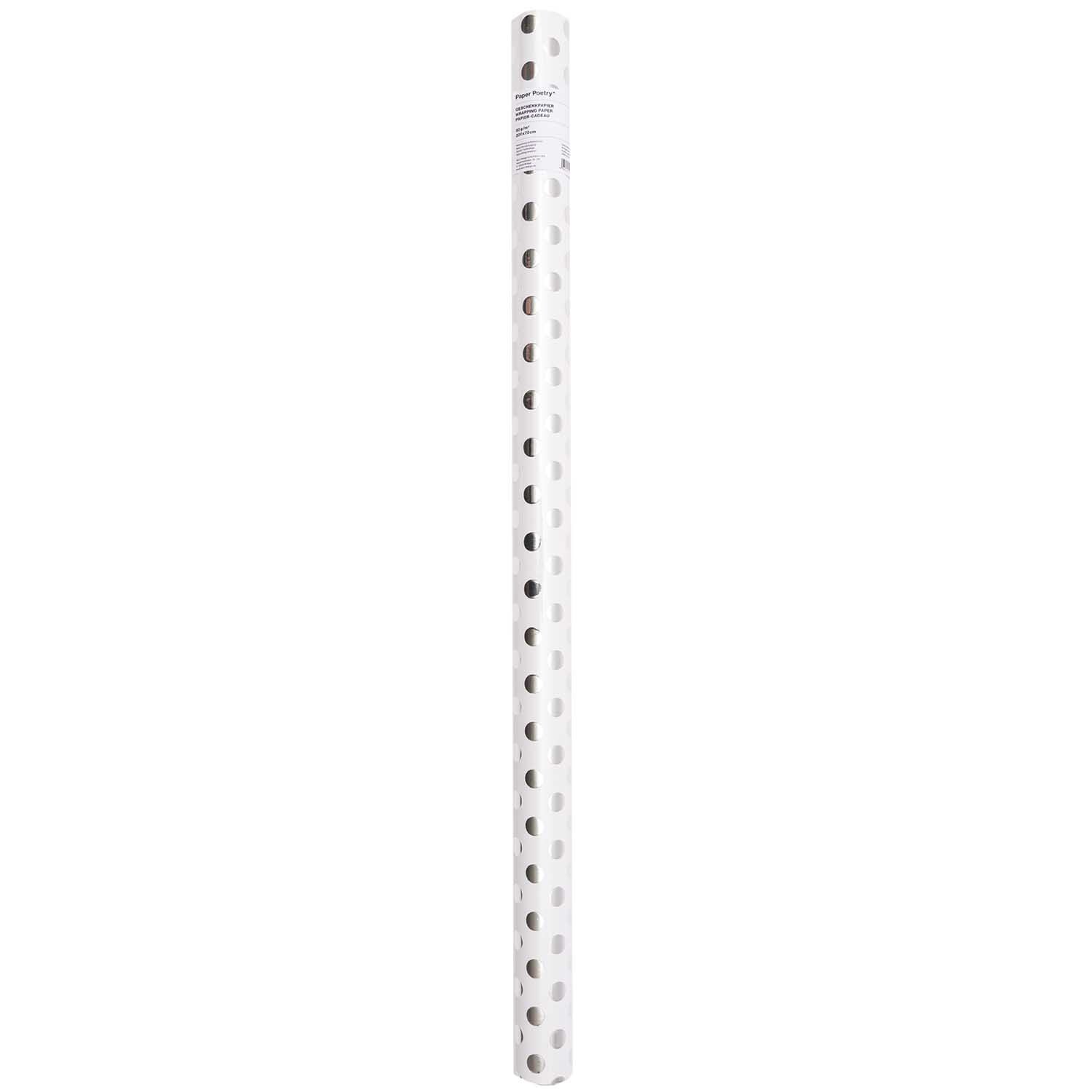 Paper Poetry Geschenkpapier Punkte weiß-silber 70cm 2m Hot Foil von Rico Design Paper Poetry Geschenkpapier mit silbernen Punkten auf weißem Hintergrund, Rolle von 70cm x 2m. Ideal für stilvolle Verpackungen.