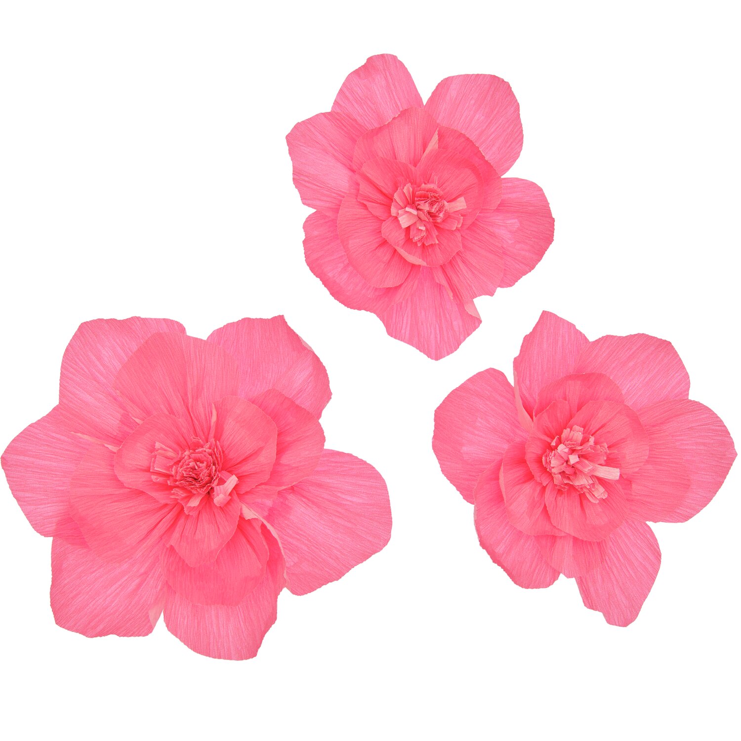 Krepppapier Blüten in leuchtendem Neonpink von Rico Design, drei Stück, kunstvoll arrangiert.
