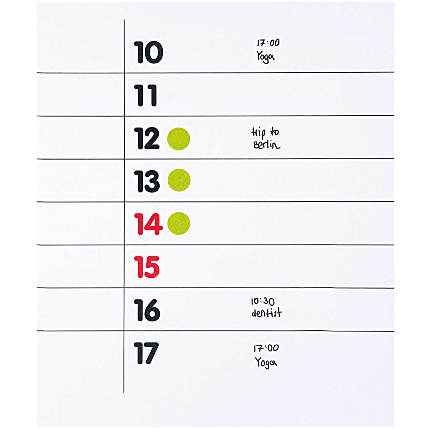 Office Sticker Punkte 15mm 4 Bogen Farbe Neongrün von Rico Design Office Sticker Punkte 15mm 4 Bogen: Neongrüne Punkte auf einem Wochenplaner, ideal für Termine.