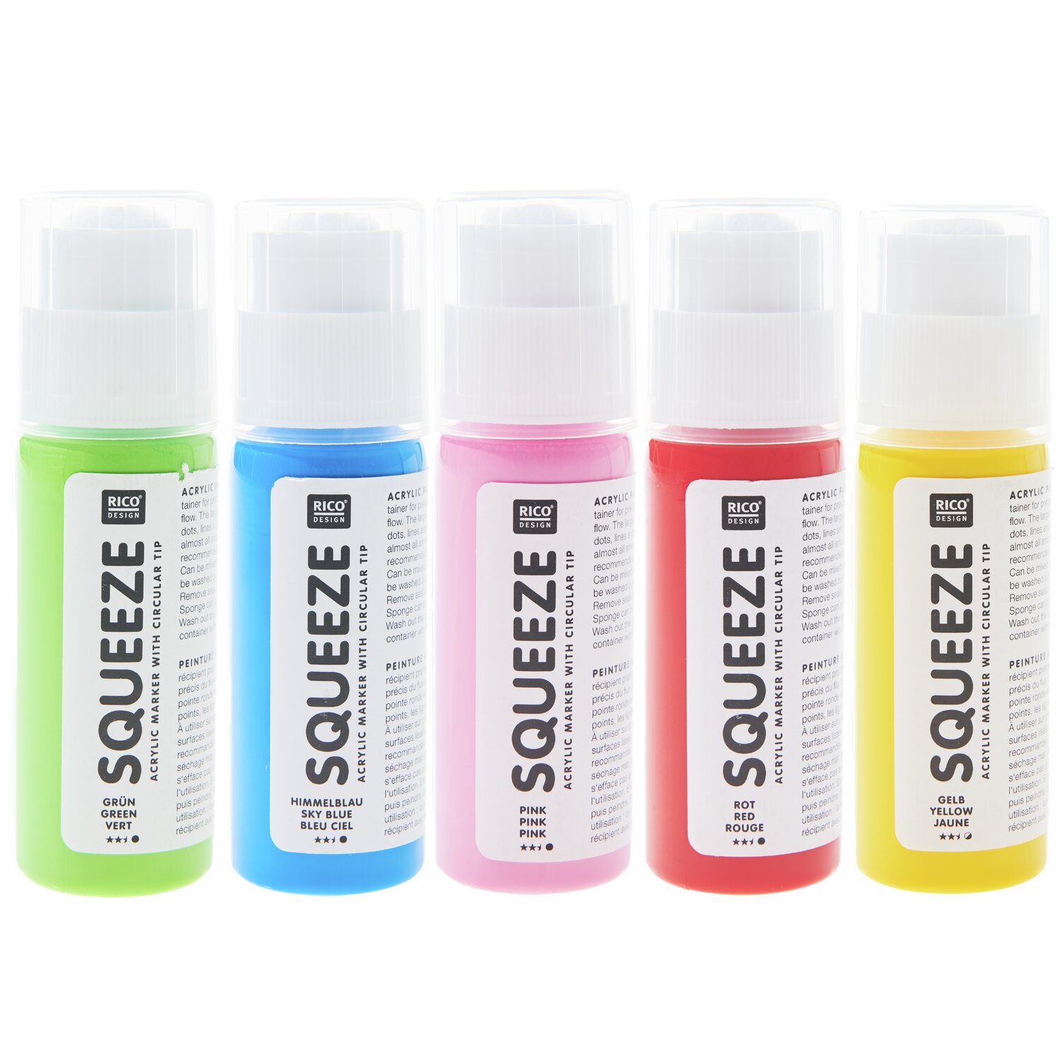 Squeeze Acrylic Marker Set Basic Rainbow, 5x60ml, von Rico Design. Fünf bunte Marker in verschiedenen Farben.