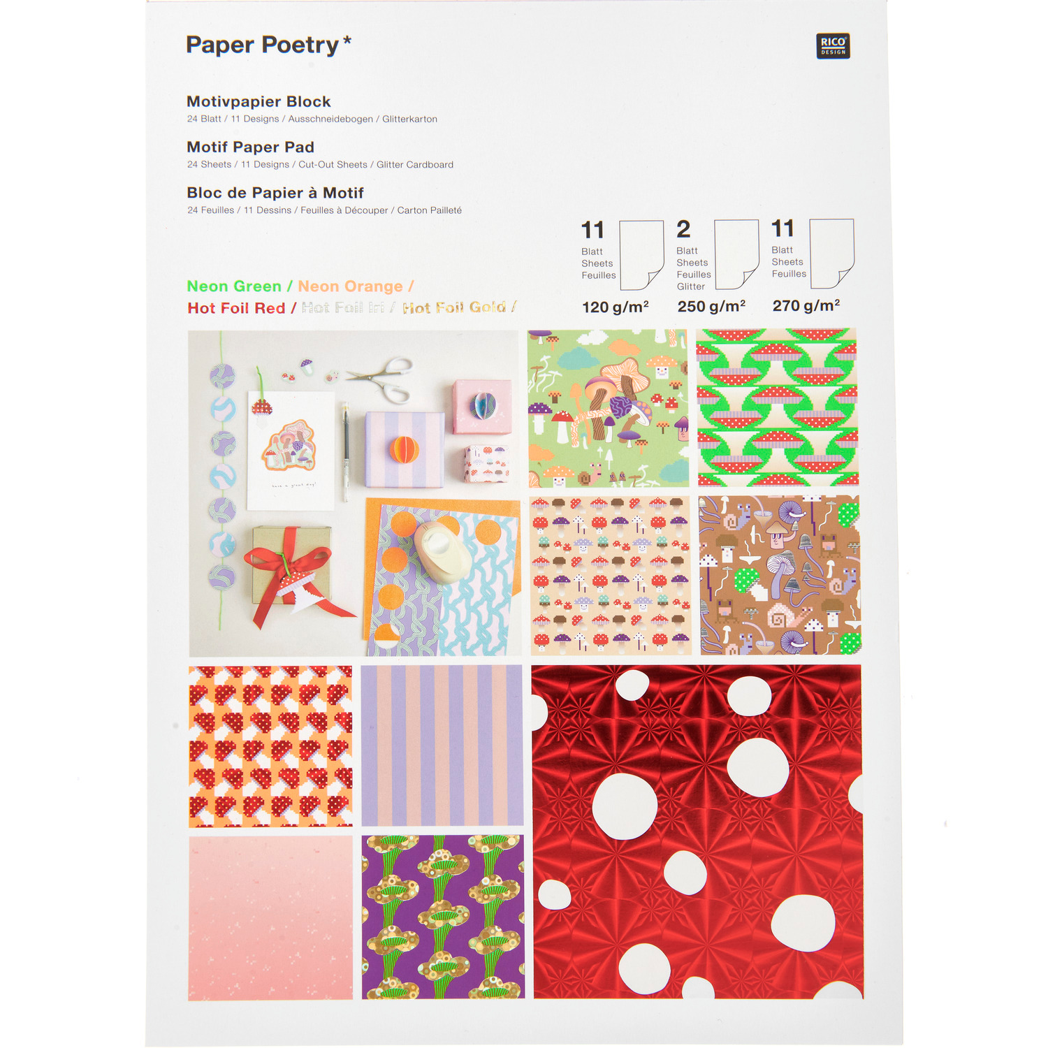 Paper Poetry Motivpapierblock Shrooom mit 24 Blatt von Rico Design, zeigt bunte Muster und Designs. Ideal für kreative Projekte.