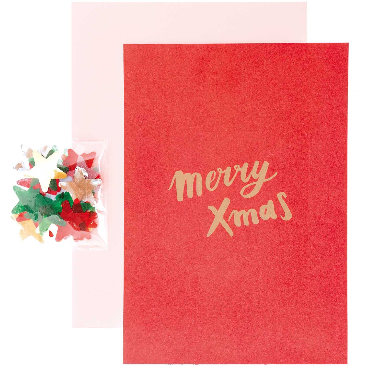 Paper Poetry Grußkartenset Merry Xmas mit roter Karte und weihnachtlichen Sternkonfetti von Rico Design.