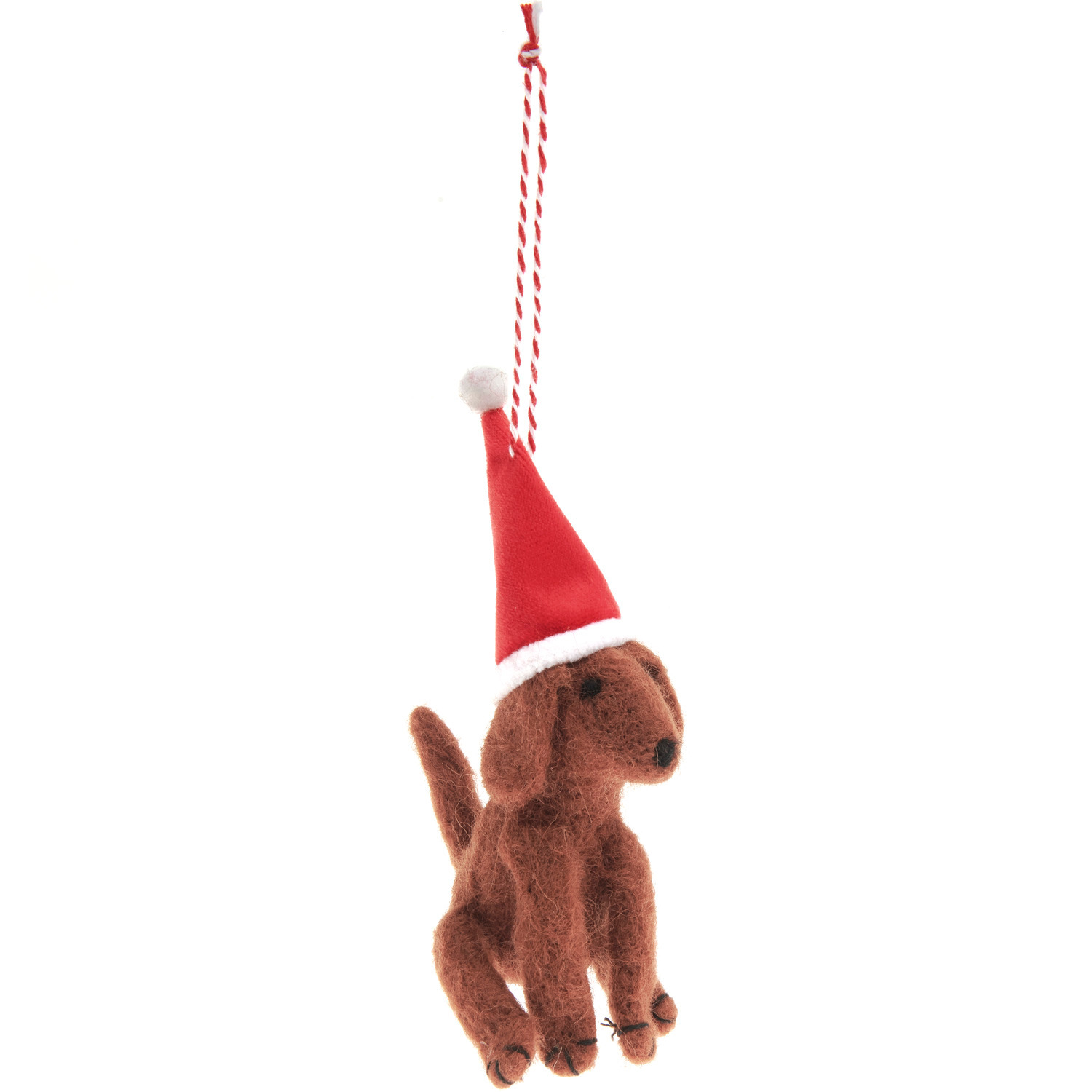 Filzhänger Weihnachtshund Braun: Niedlicher Hund aus Filz mit roter Mütze, ideal als Weihnachtsdekoration. Größe: 14x5x8cm.