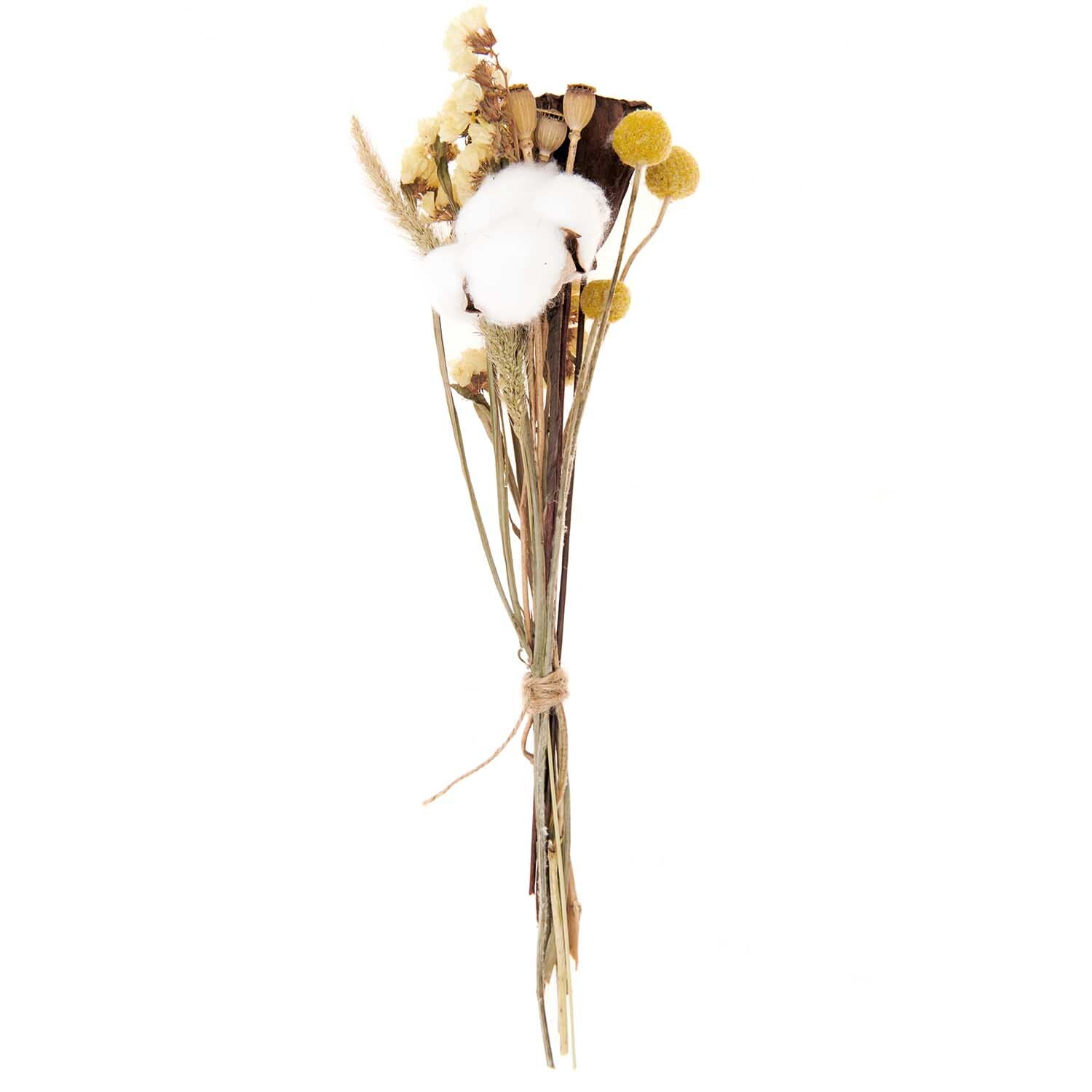 Trockenblumenstrauß natur-gelb 30cm 13-teilig von Rico Design Trockenblumenstrauß natur-gelb 30cm von Rico Design, bestehend aus 13 Teilen, mit gelben und weißen Blüten.