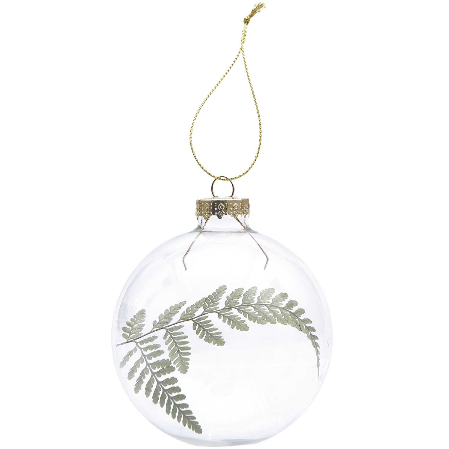 Glaskugel Baumschmuck mit Trockenfarn 8cm: Transparente Kugel mit Farnmotiv, ideal für festliche Dekorationen. Marke: Rico Design.