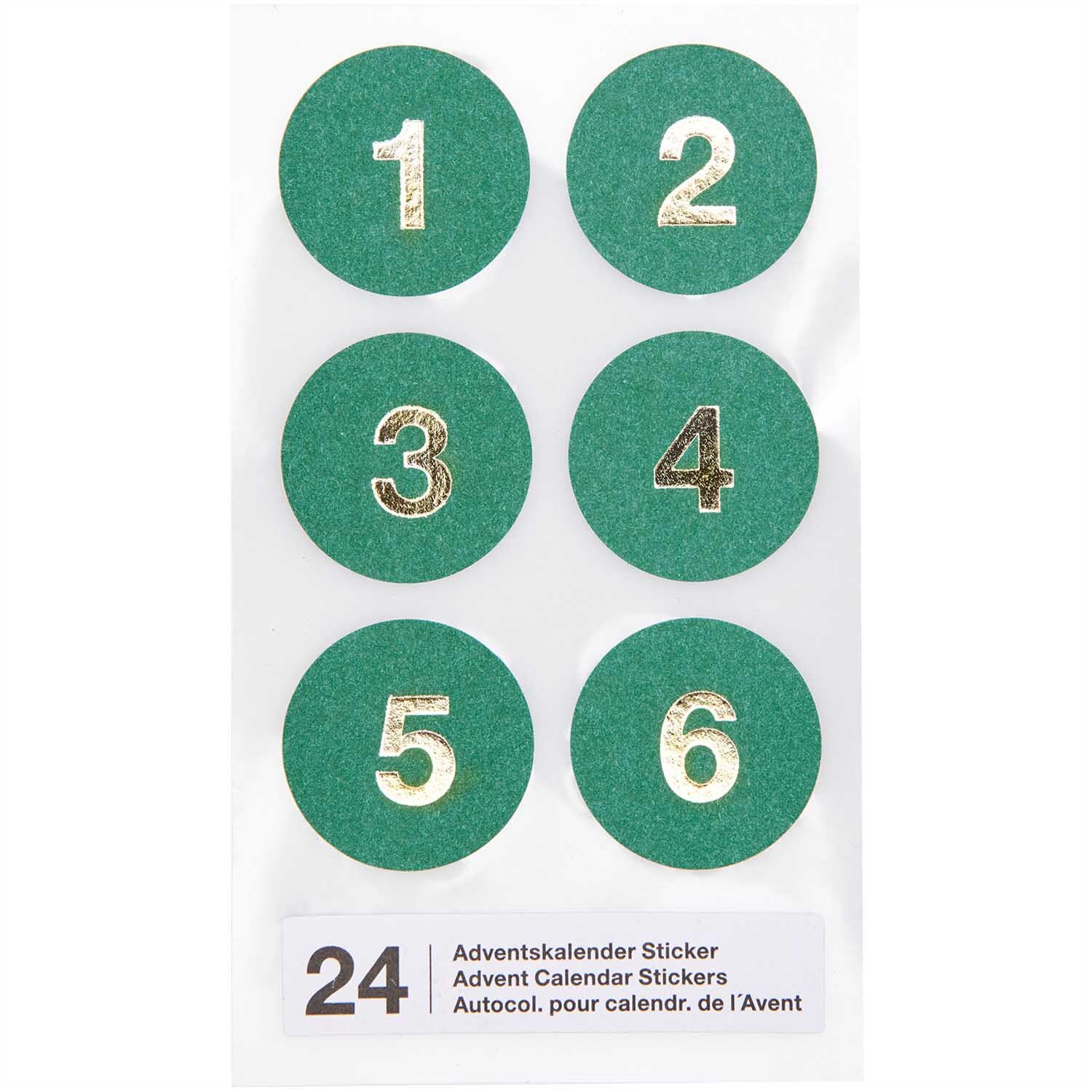 Paper Poetry Adventskalender Sticker Zahlen 1-24: Sechs grüne Sticker mit goldenen Zahlen auf weißem Hintergrund. Ideal für kreative Adventskalender.