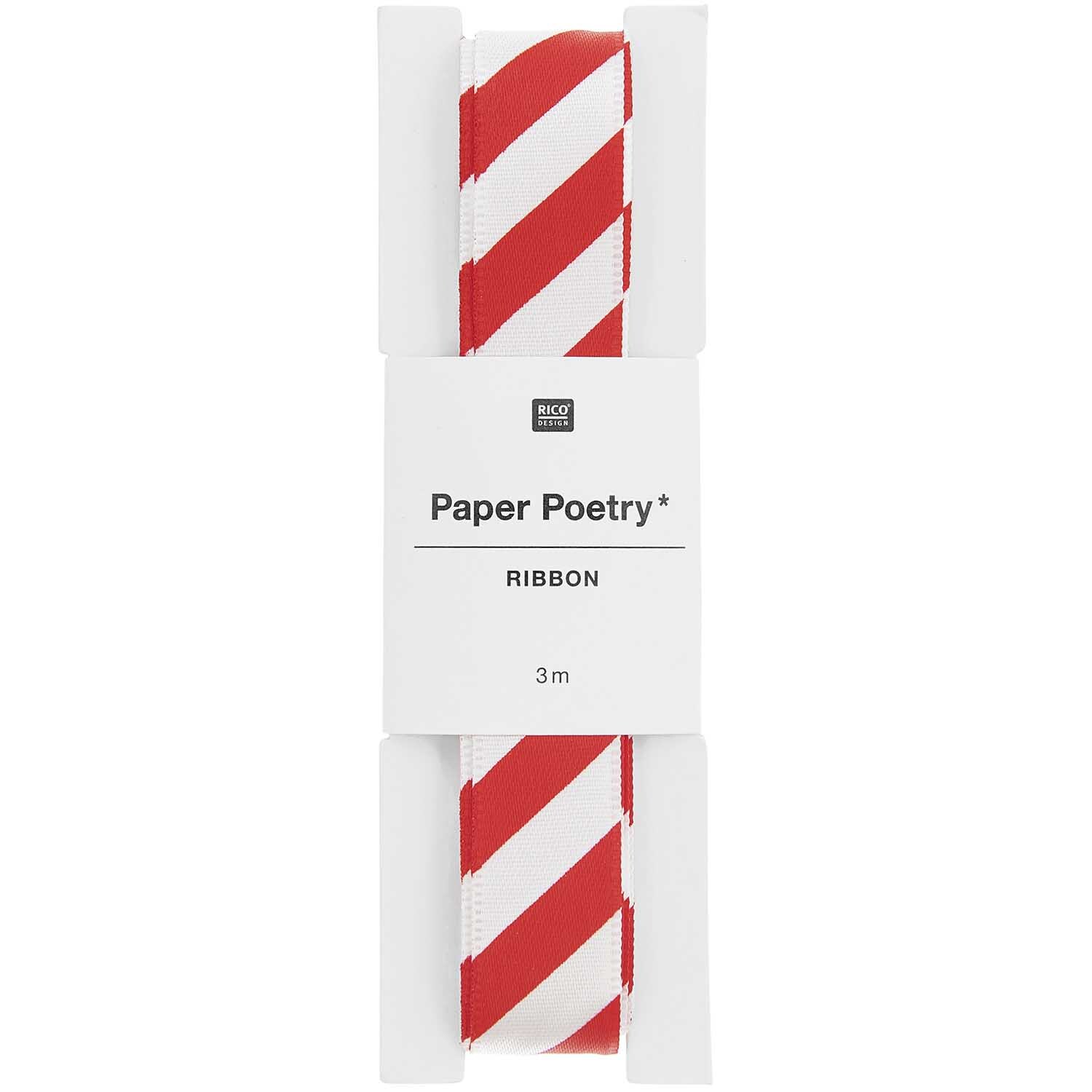Paper Poetry Satinband mit Streifenmuster in Rot-Weiß, 16mm breit, 3m lang, von Rico Design. Ideal für kreative Projekte.