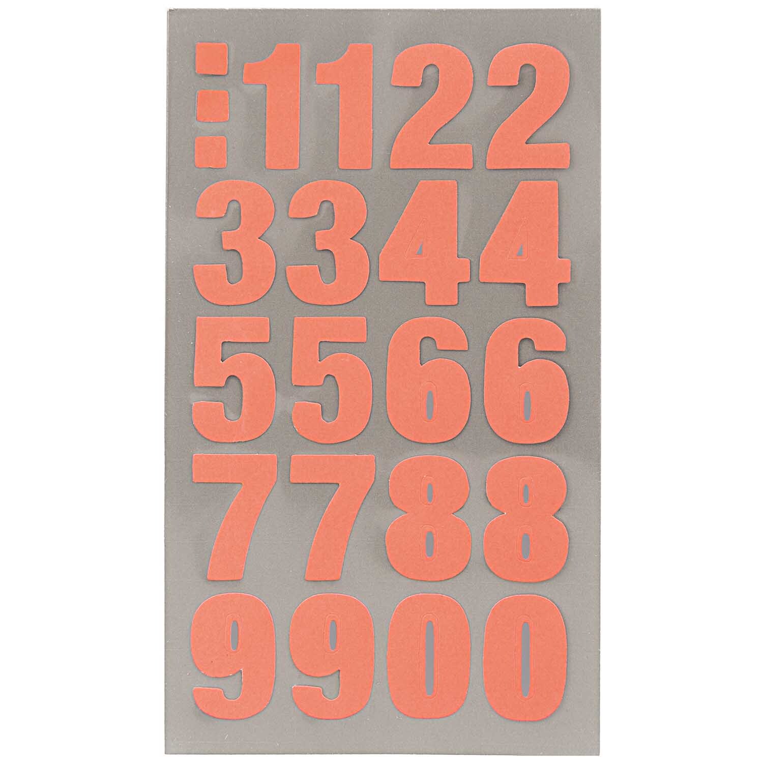 Paper Poetry Office Sticker Zahlen neonrot 4 Bogen mit leuchtenden Zahlen auf grauem Hintergrund. Ideal für kreative Projekte.