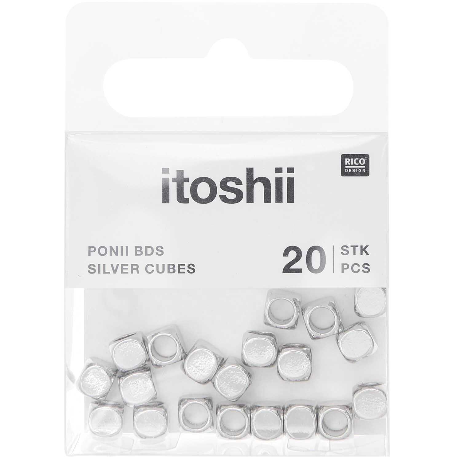 itoshii - Ponii Beads Würfel 5x5mm 20 Stück Farbe Silber von Rico Design Itoshii - Ponii Beads Würfel 5x5mm, 20 Stück in Silber von Rico Design, in einer transparenten Verpackung.