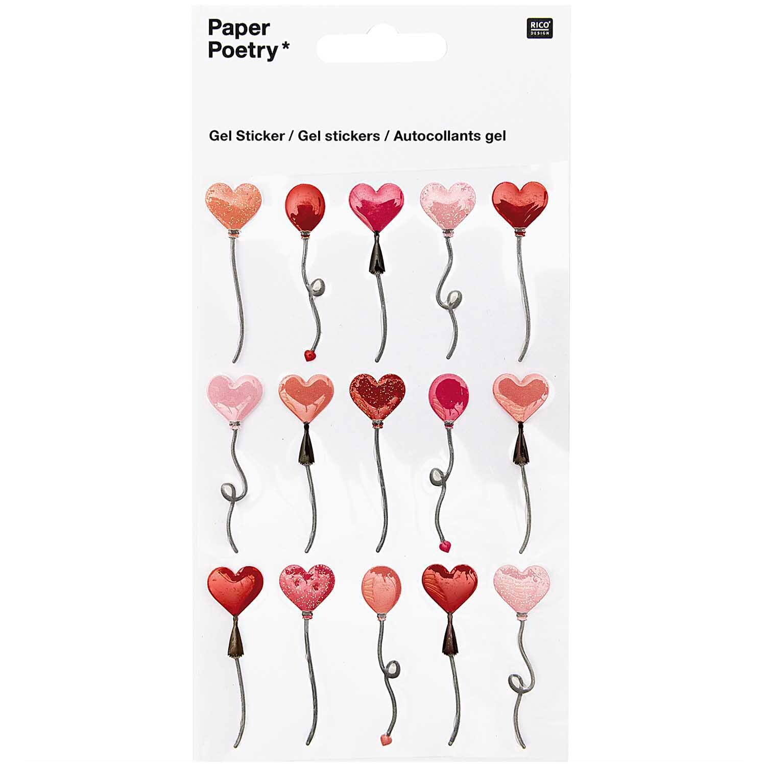 Paper Poetry Gelsticker Herzluftballons von Rico Design in verschiedenen Rottönen auf weißem Hintergrund.