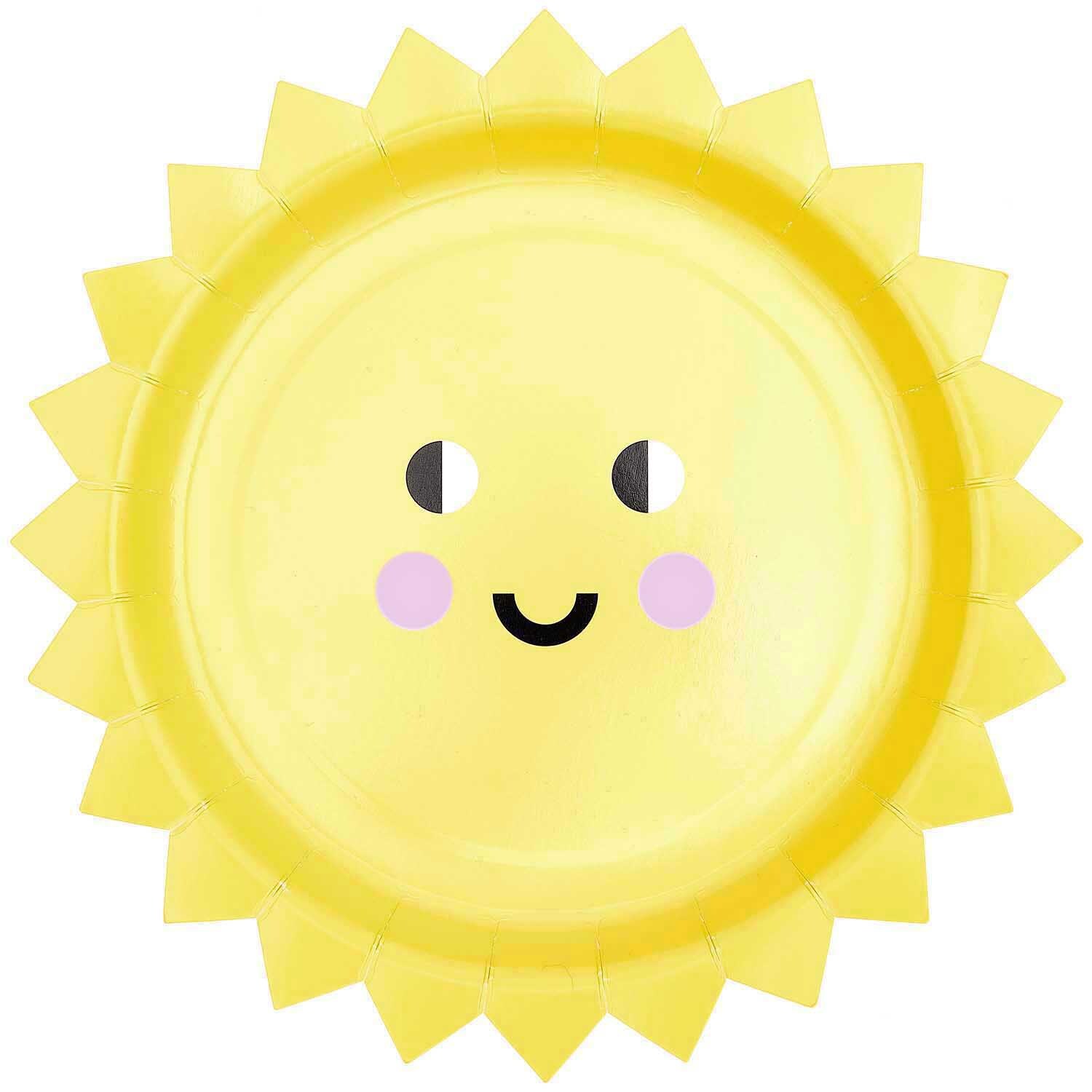 Pappteller Sonne 25cm 8 Stück: Gelber Teller in Sonnenform mit fröhlichem Gesicht, ideal für Partys.