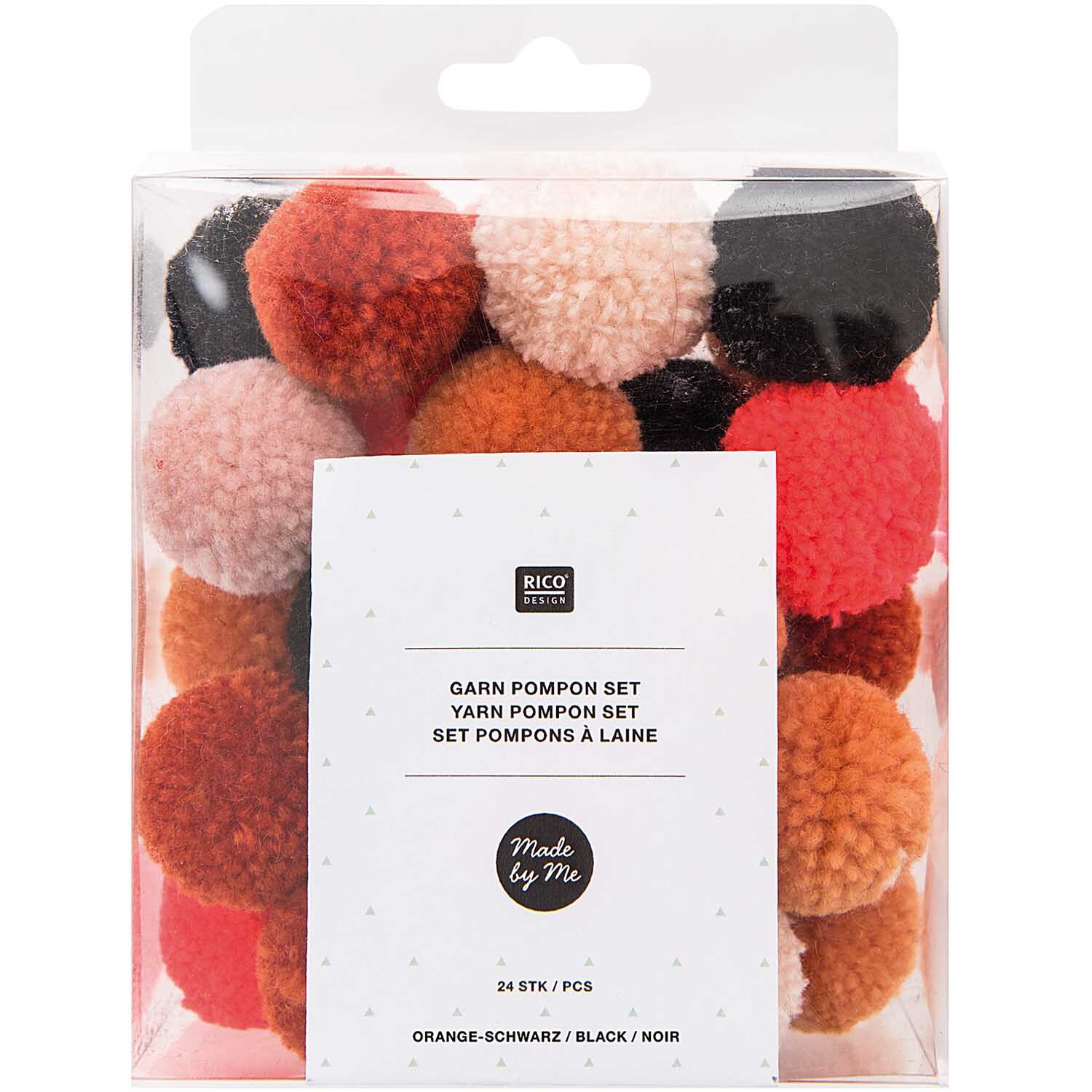 Garn Pompons 24 Stück Farbe Rot-Orange-Schwarz Mix von Rico Design Garn Pompons 24 Stück in einer transparenten Verpackung, Rot-Orange-Schwarz Mix von Rico Design.