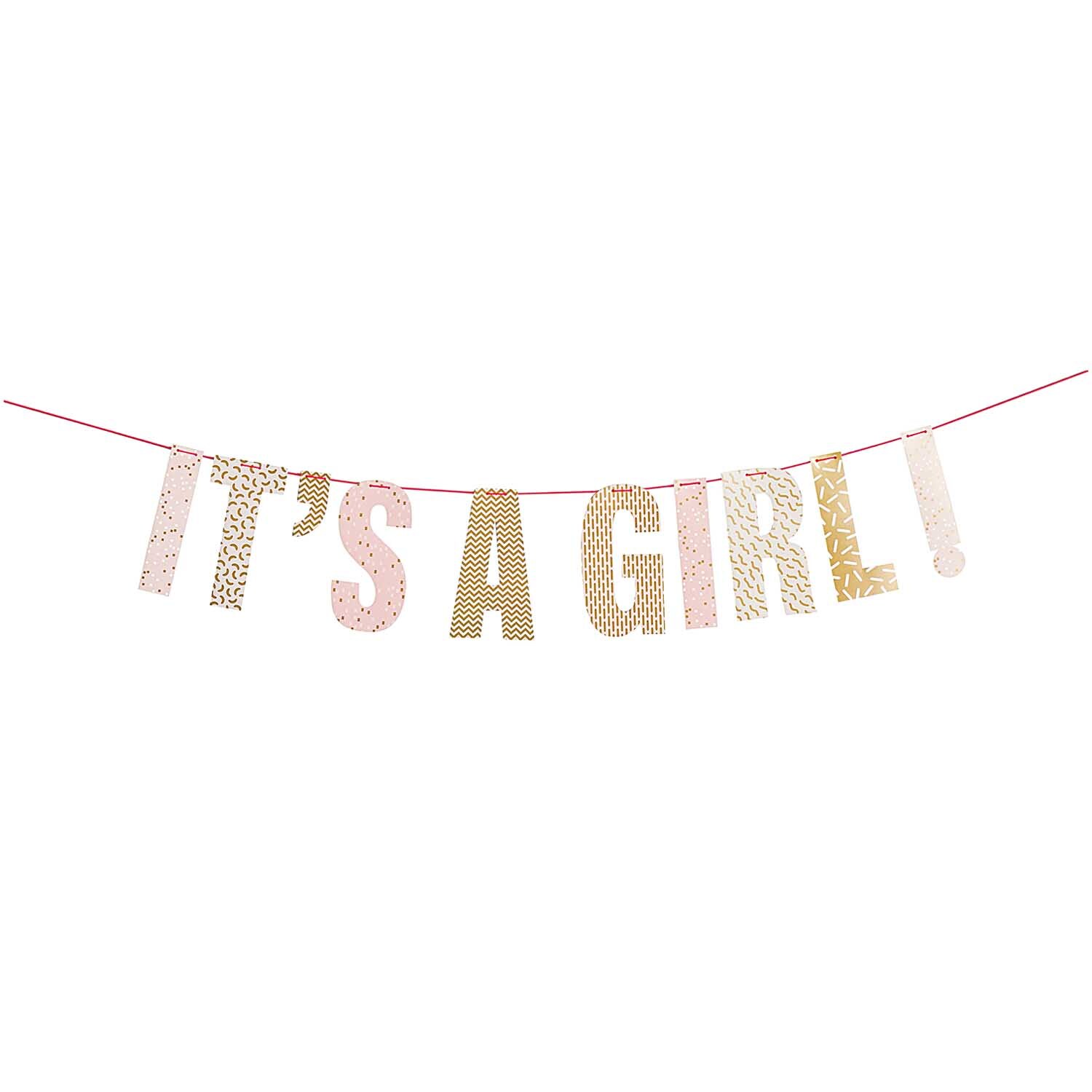 Girlande "It's a girl" 3m von Rico Design: Rosa und goldene Buchstaben auf rotem Band. Ideal für Babypartys.