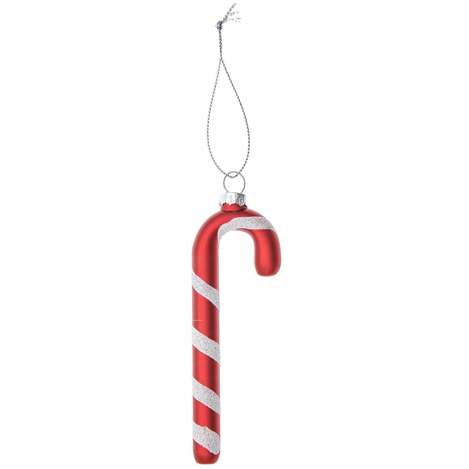 Baumschmuck Zuckerstange aus Glas in Rot mit silbernen Streifen, von Rico Design, am Faden hängend.