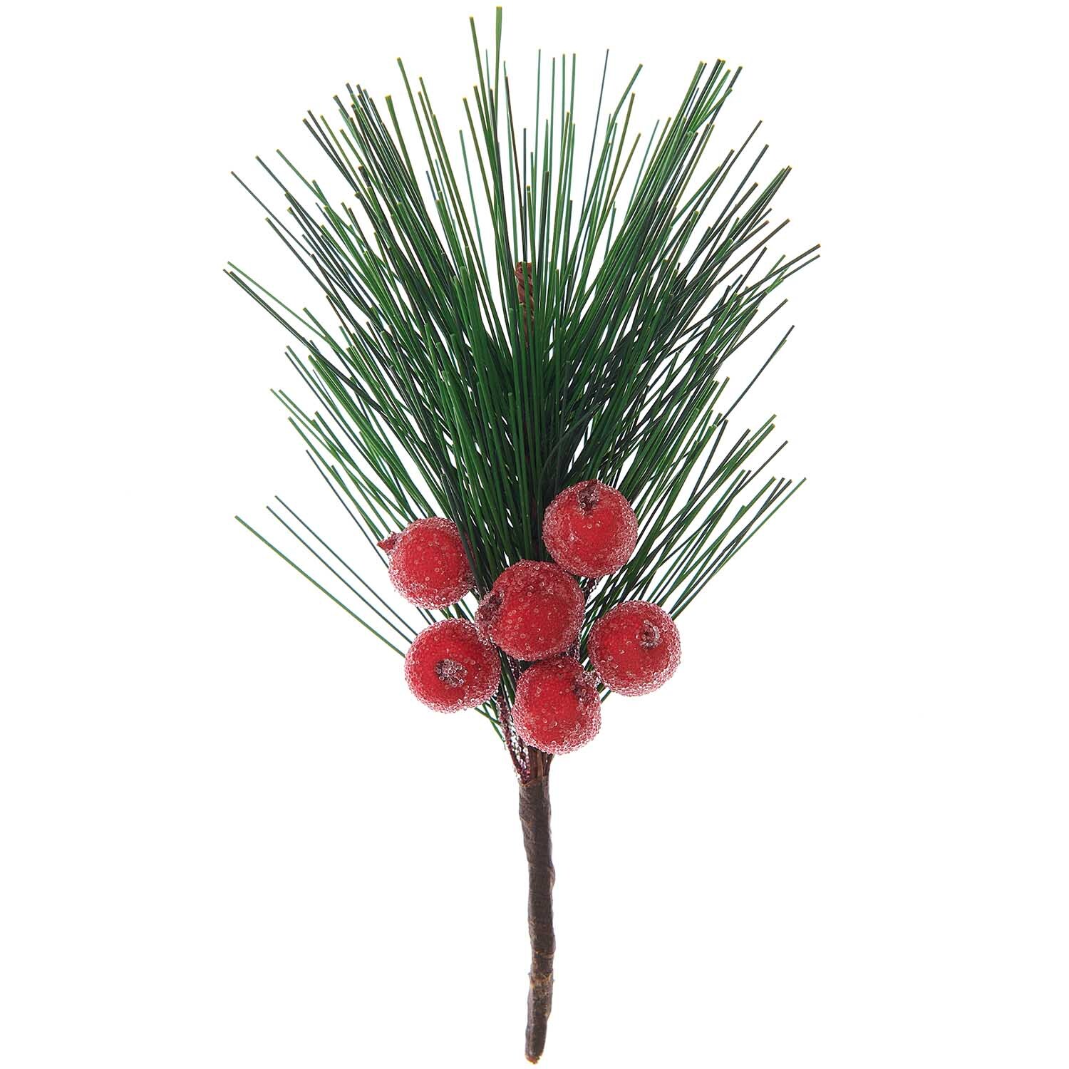 Deko-Kiefernzweig mit gefrosteten roten Beeren, ideal für festliche Dekorationen, von Rico Design.